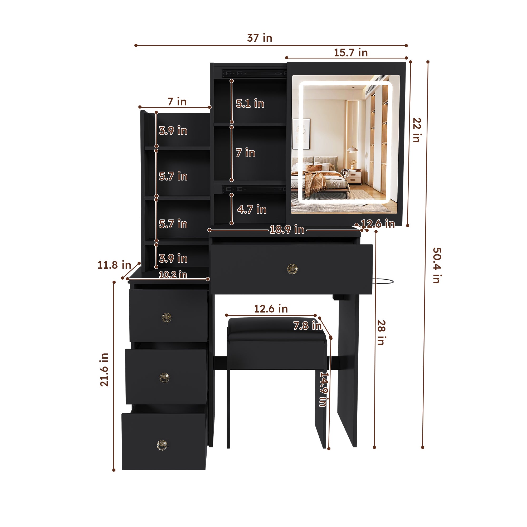 Modern Vanity Desk with 3 LED Lighting Modes, 4 Drawers, Open Shelves, Hair Dryer Holder & Power Socket, Black MDF Dressing Table Set with Chair - Grand Goldman Shop