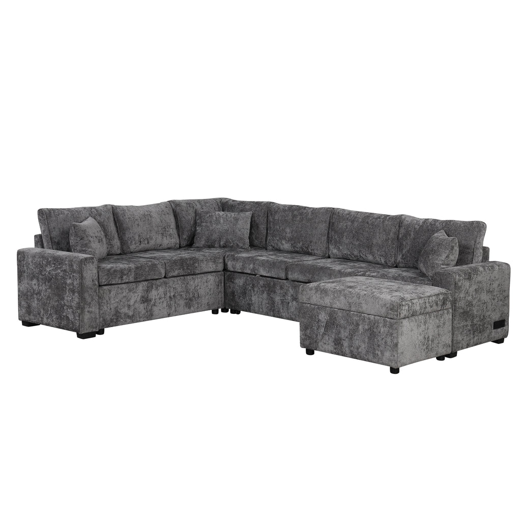 Modern Sectional Sofa Pull-out Sleeper with Storage Ottoman, USB Charging, Grey Tweed Chenille, 112.2' - Grand Goldman Shop
