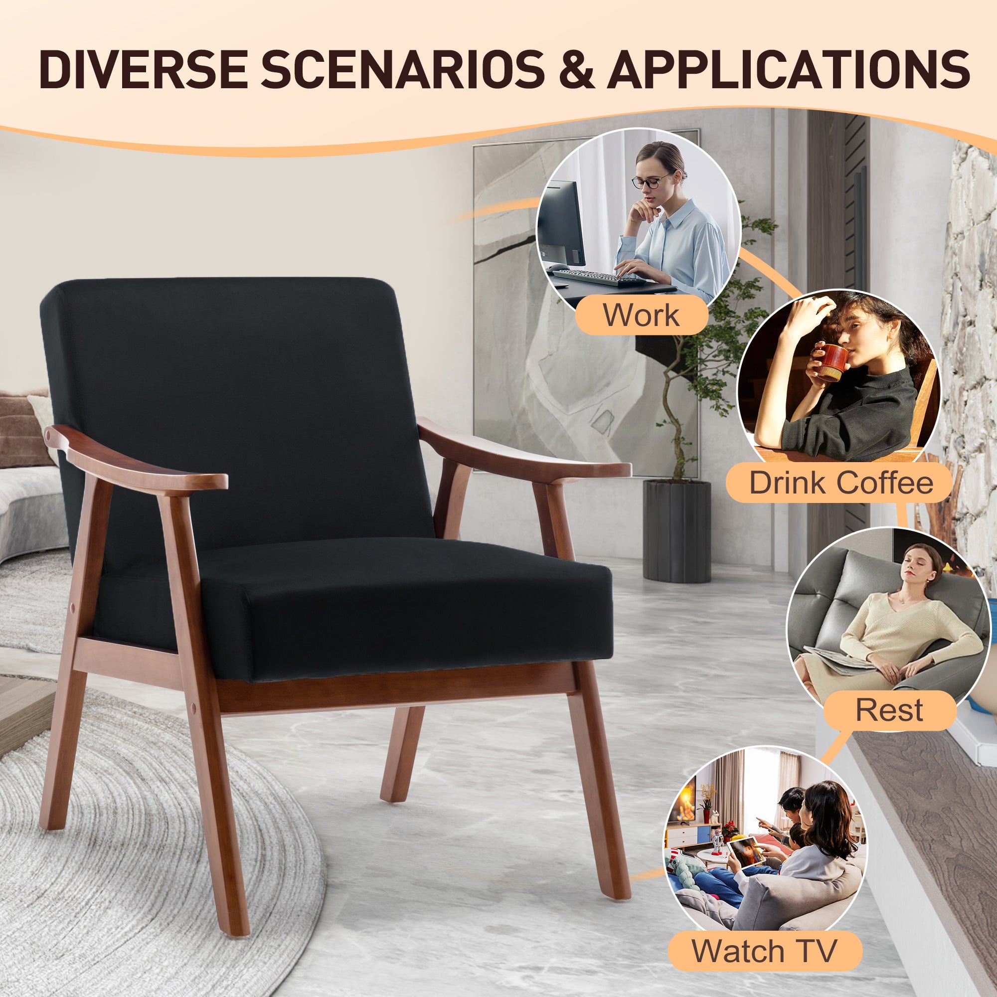 Mid-Century Modern Wingback Accent Chair with Solid Wood Frame and Extra-Thick Backrest – Lounge Chair for Living Room, Bedroom, or Reading Room - Grand Goldman Shop