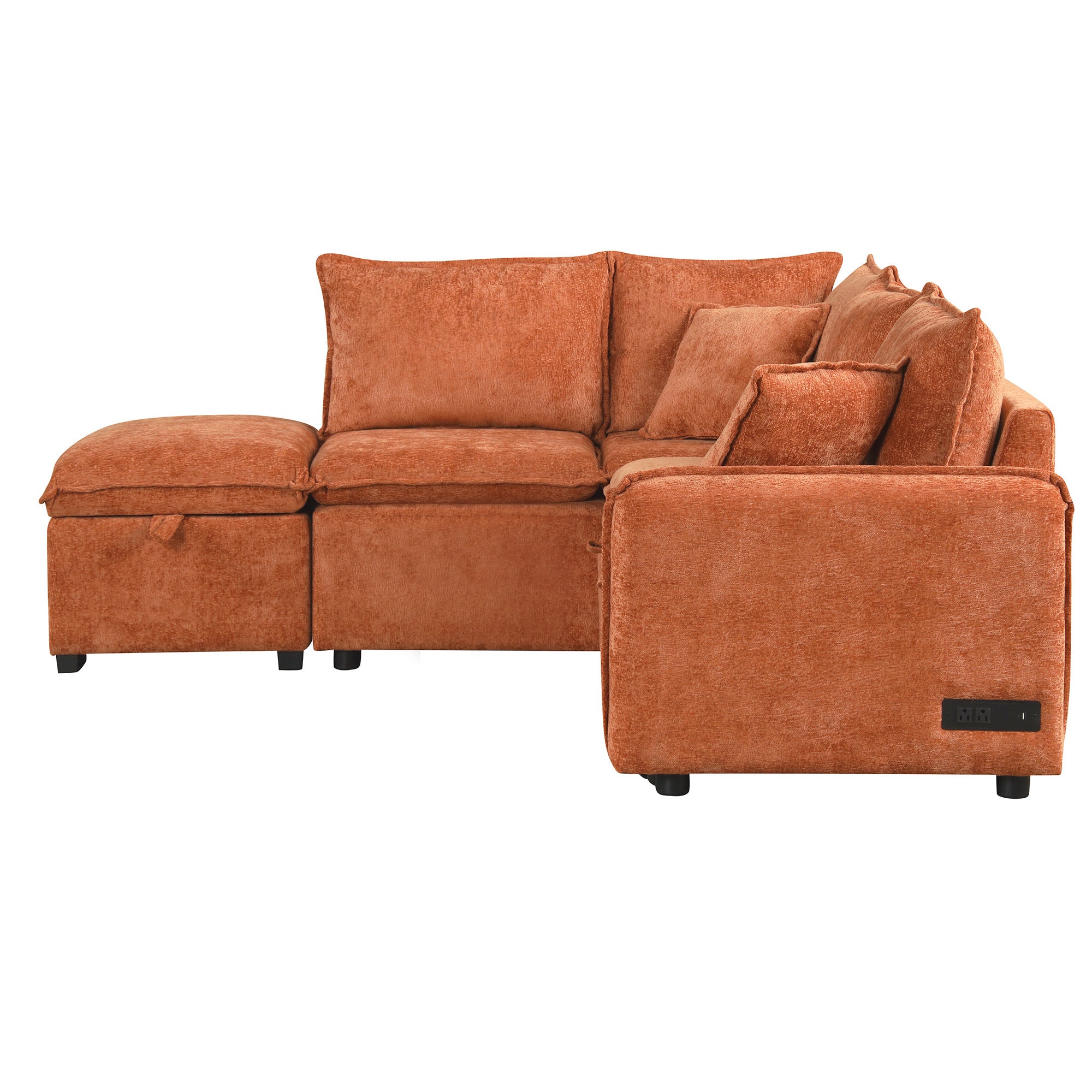 Convertible L-shaped Sofa Bed with Storage Ottoman, Power Sockets & USB Ports, Orange Chenille, 82.67' - Grand Goldman Shop
