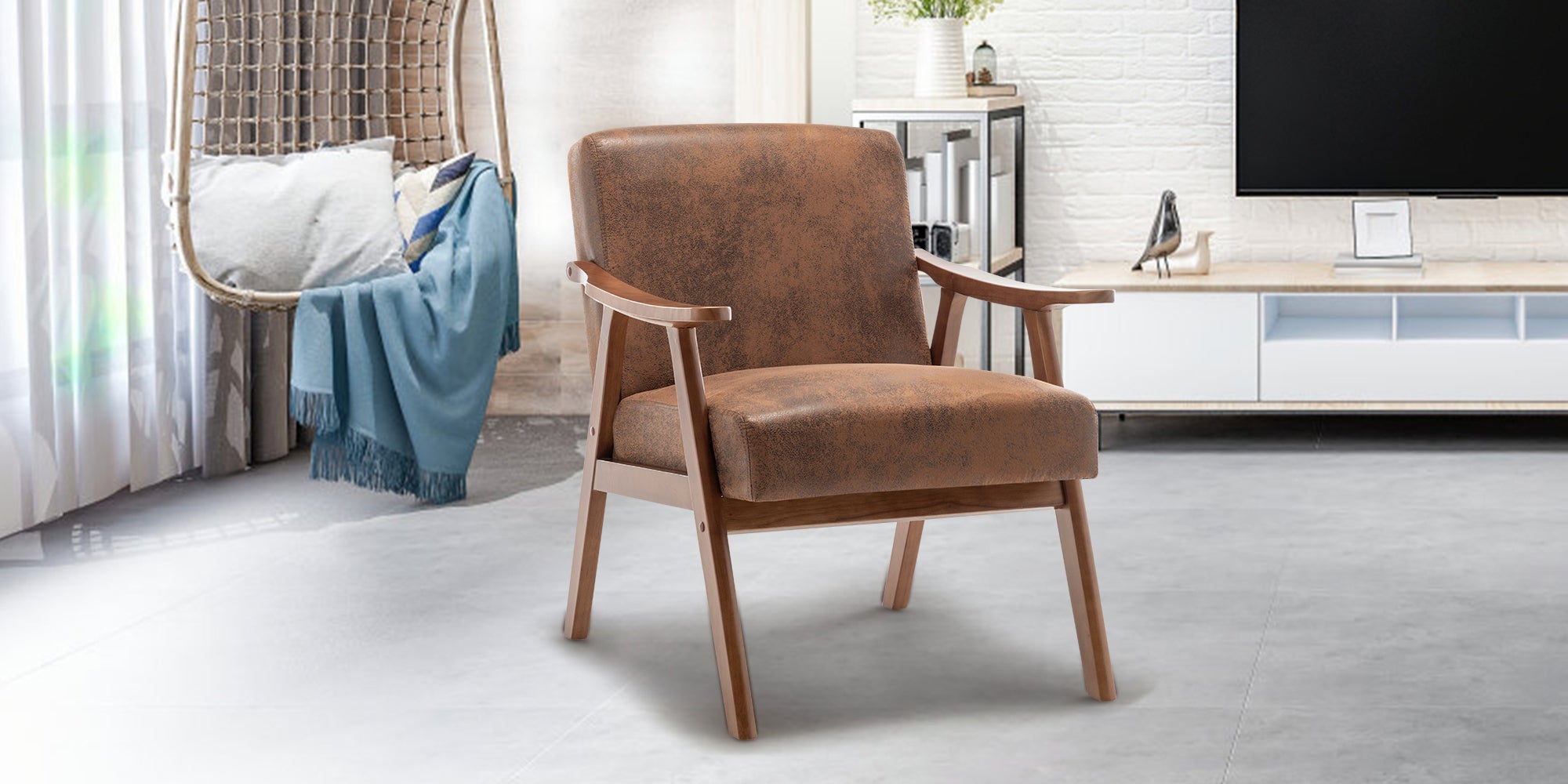 Mid-Century Modern Wingback Accent Chair with Solid Wood Frame and Extra-Thick Backrest – Lounge Chair for Living Room, Bedroom, or Reading Room - Grand Goldman Shop