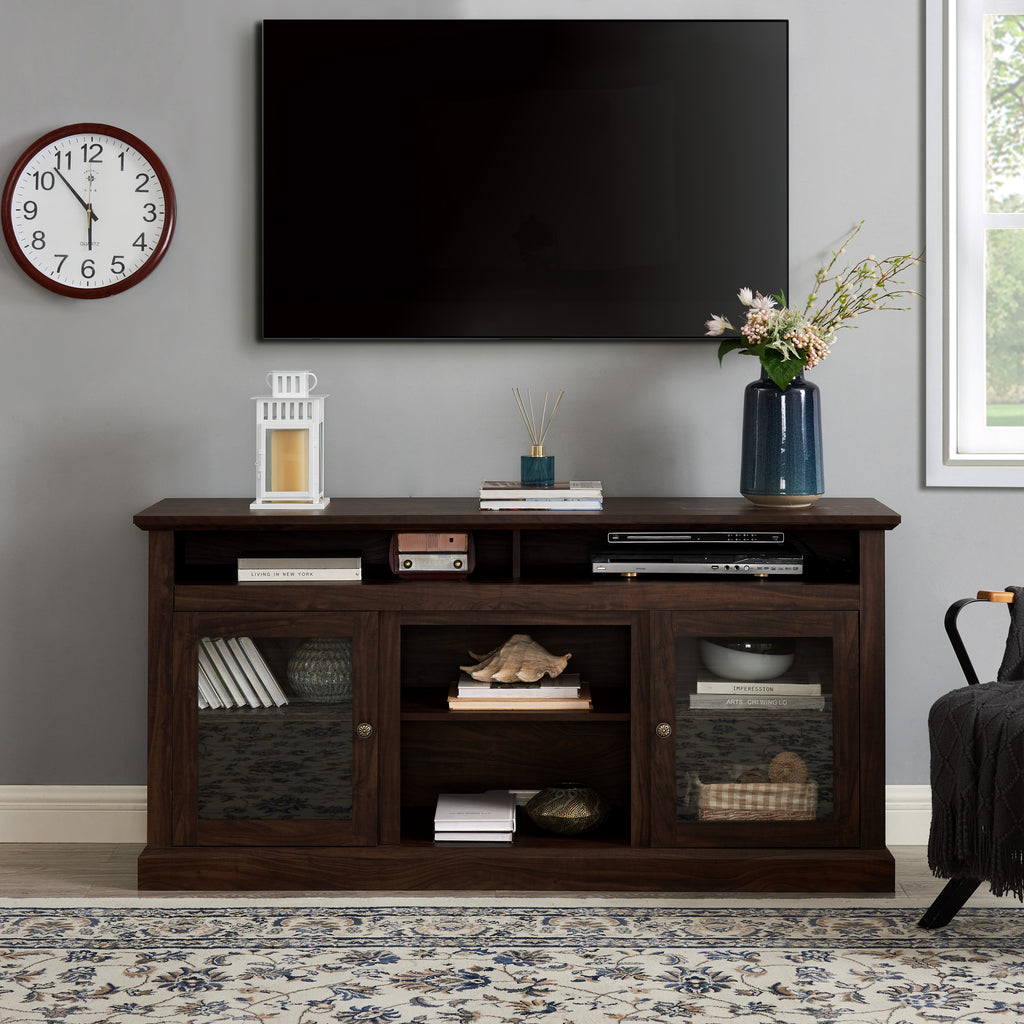 Modern TV Stand for up to 65 Inch TVs, Entertainment Center Farmhouse TV Cabinet Media Console Table with Glass Doors for Living Room, Brown 60'W*15.75'D*29'H - Grand Goldman Shop