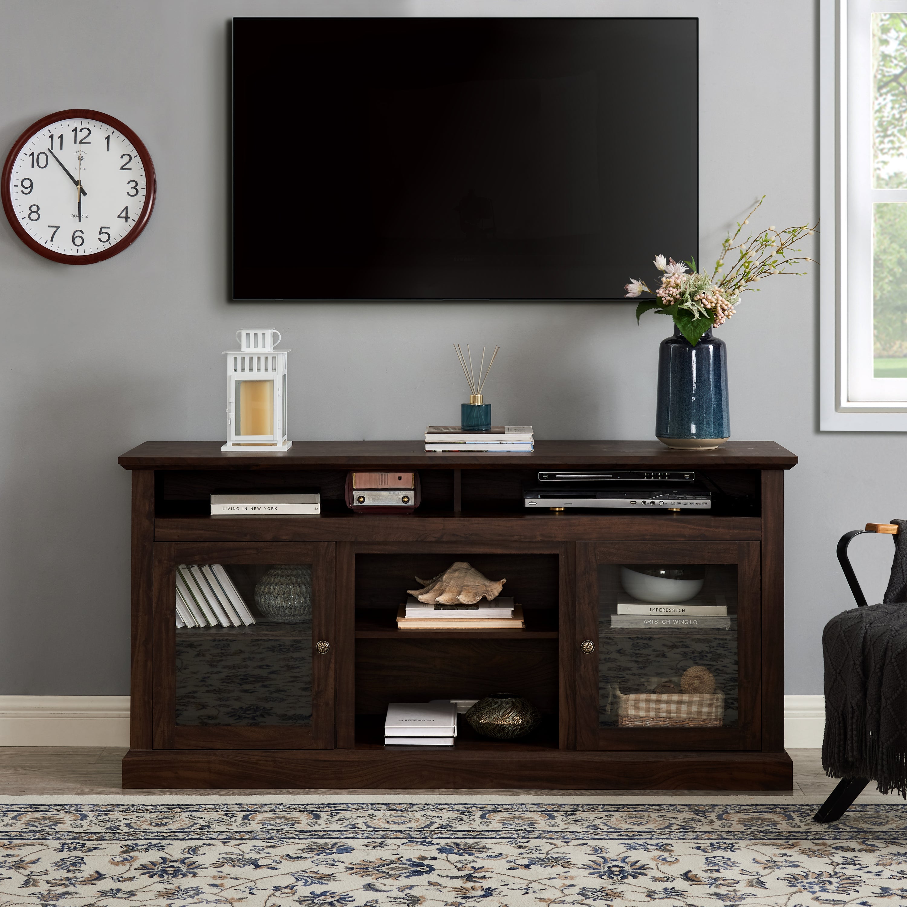 Modern TV Stand for up to 65 Inch TVs, Entertainment Center Farmhouse TV Cabinet Media Console Table with Glass Doors for Living Room, Brown 60'W*15.75'D*29'H - Grand Goldman Shop