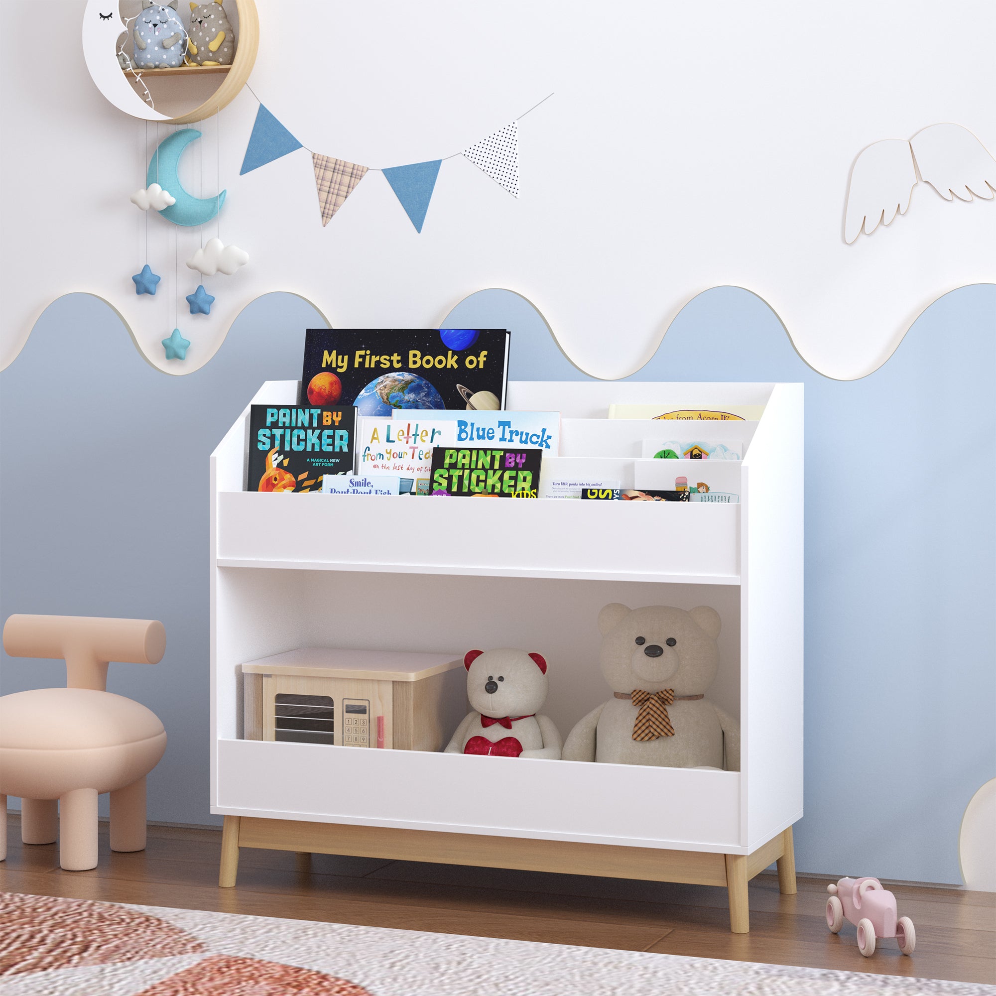 White Wooden Kids Bookcase Organizer with Storage, 3-Tier Toddler Book Display Shelf for Bedroom or Playroom - Grand Goldman