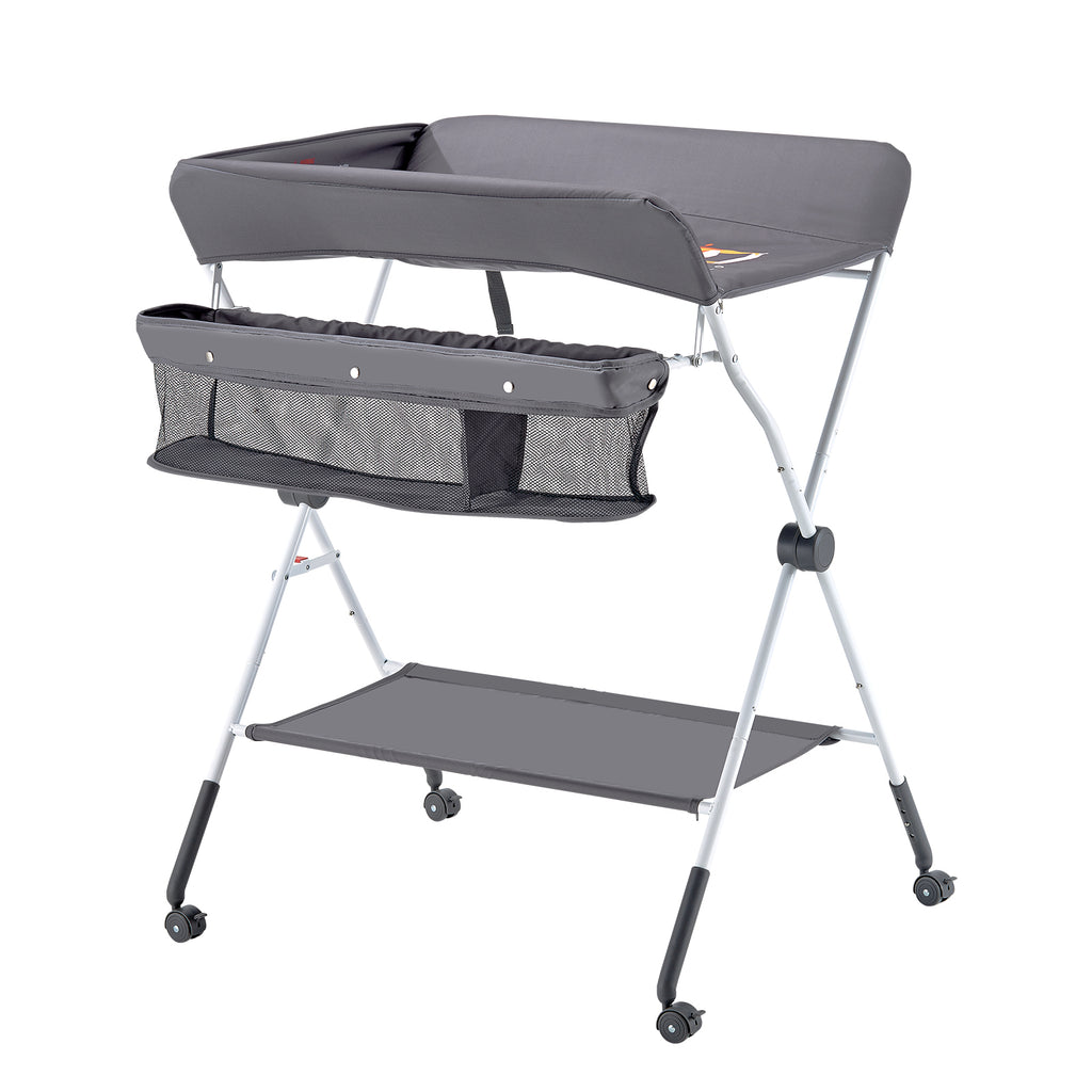 Foldable Baby Changing Diaper Station with Side Basket & Wheels Dark Gray - Grand Goldman