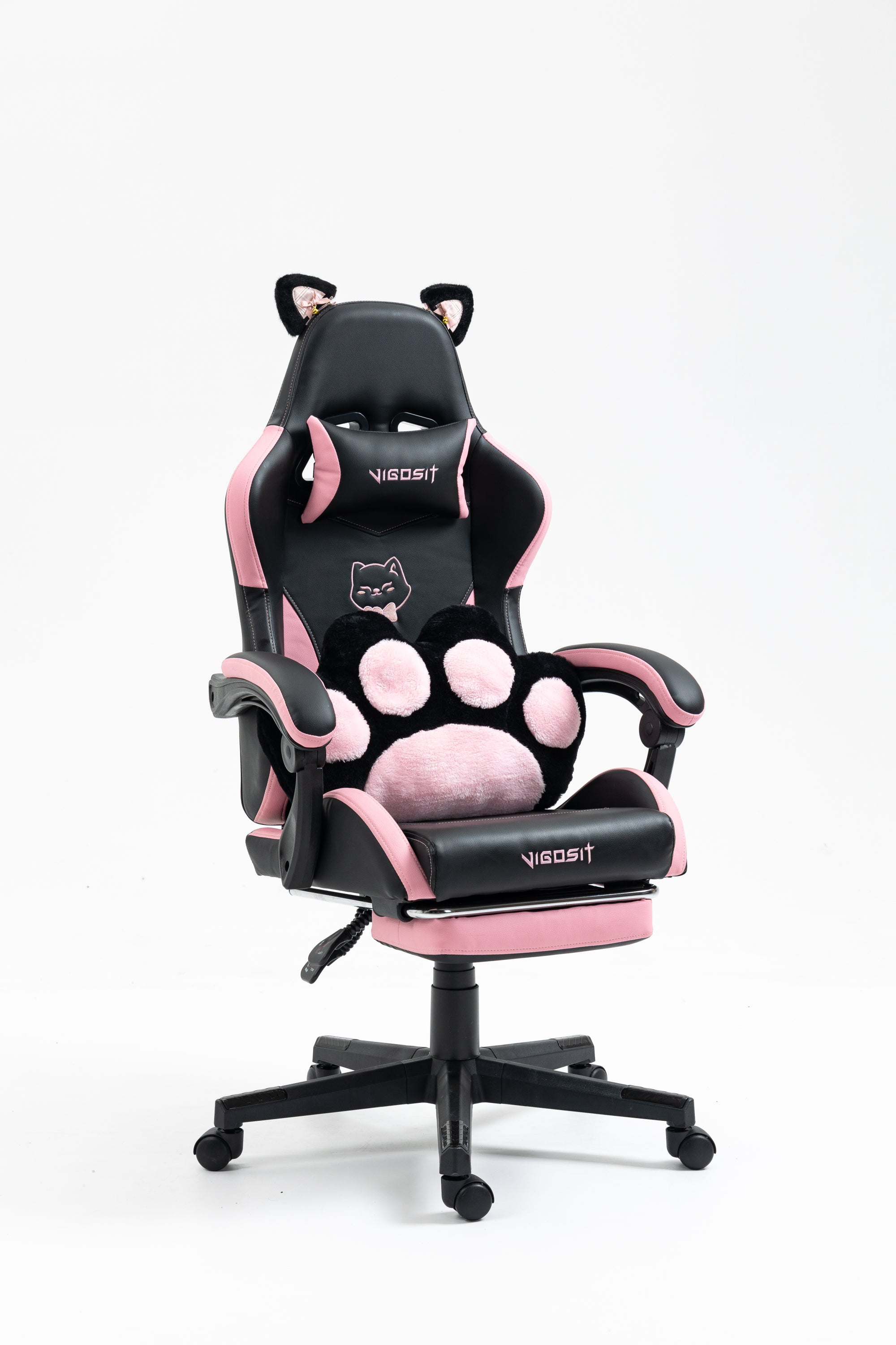 Cute Cat Gaming Chair with Paw Lumbar Cushion, PC Video Gamer Chair for Girl Teen Woman (Black) | Premium Home Decor - Grand 