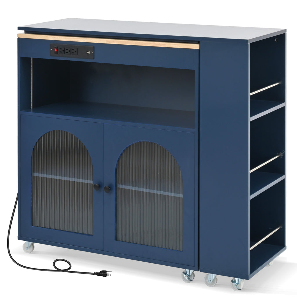K&K Rolling Kitchen Island With Extended Table, Kitchen Island on Wheels with LED Lights,Power Outlets and 2 Fluted Glass Doors, Kitchen Island with a Storage Compartment and Side 3 Open Shelves, Navy - Grand Goldman Shop