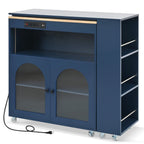 K&K Rolling Kitchen Island With Extended Table, Kitchen Island on Wheels with LED Lights,Power Outlets and 2 Fluted Glass Doors, Kitchen Island with a Storage Compartment and Side 3 Open Shelves, Navy - Grand Goldman Shop