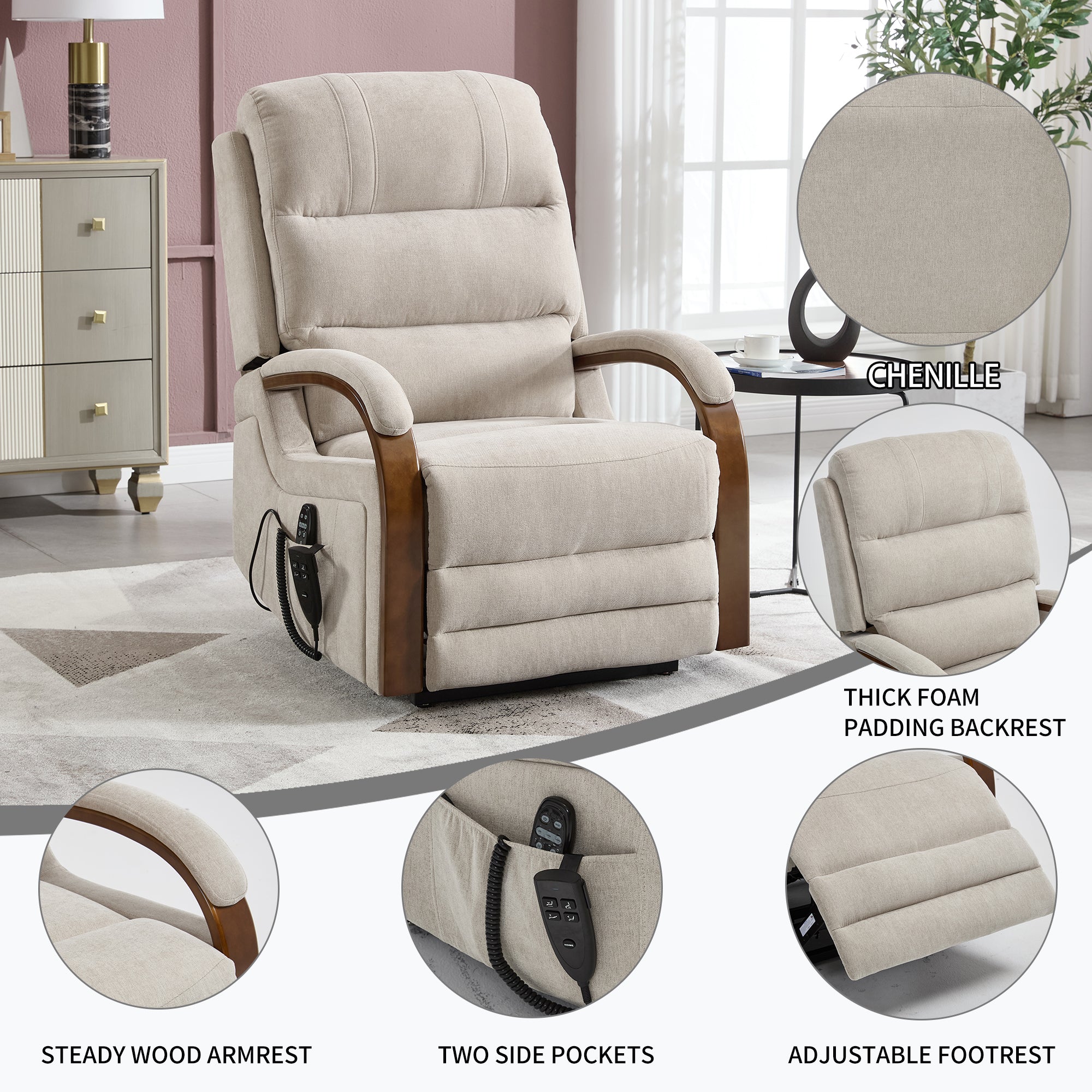 Power Beige Chenille Lift Recliner Chair Dual Motor Infinite Position Up to 350 LBS with Solid Wood Armrests, Heat Massage and Heavy Duty Motion Mechanism - Grand Goldman Shop