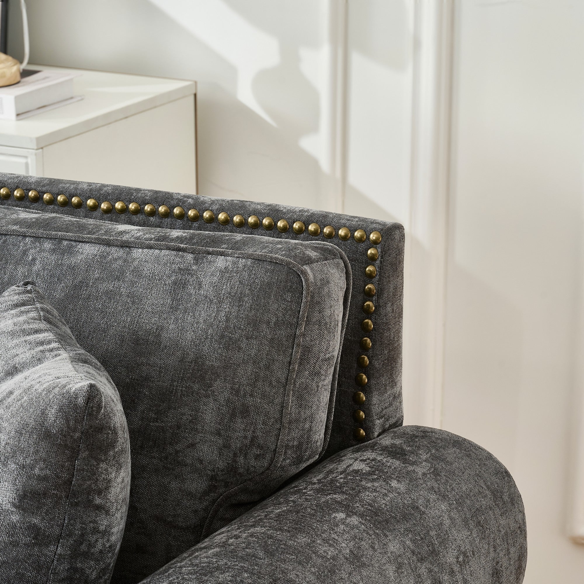 Modern 2-Seater Sofa with Rolled Arms, Tufted Upholstered Couch in Gray Fabric, 63 Inches - Grand Goldman Shop