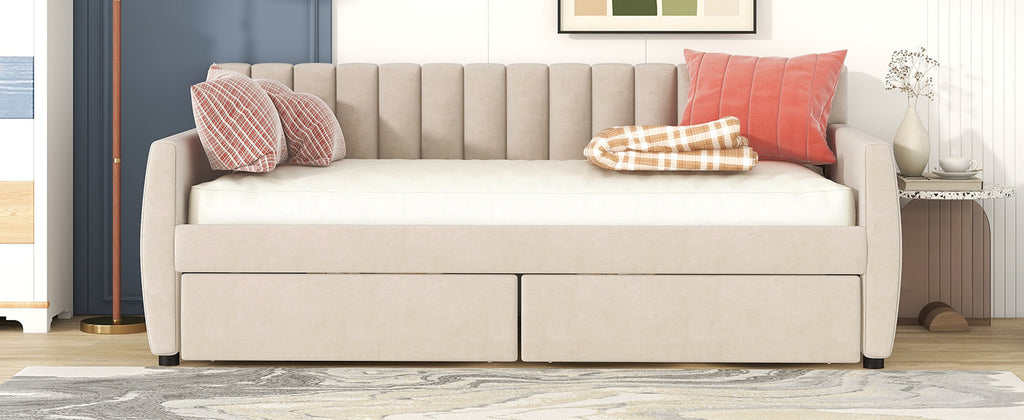 Twin Size Upholstered daybed with Drawers, Wood Slat Support, Beige - Grand Goldman Shop