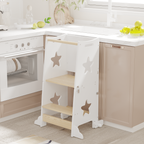 Stylish 3-in-1 Toddler Kitchen Step Stool, Foldable Learning Standing Tower with Blackboard, Wooden Kitchen Stool Helper for 