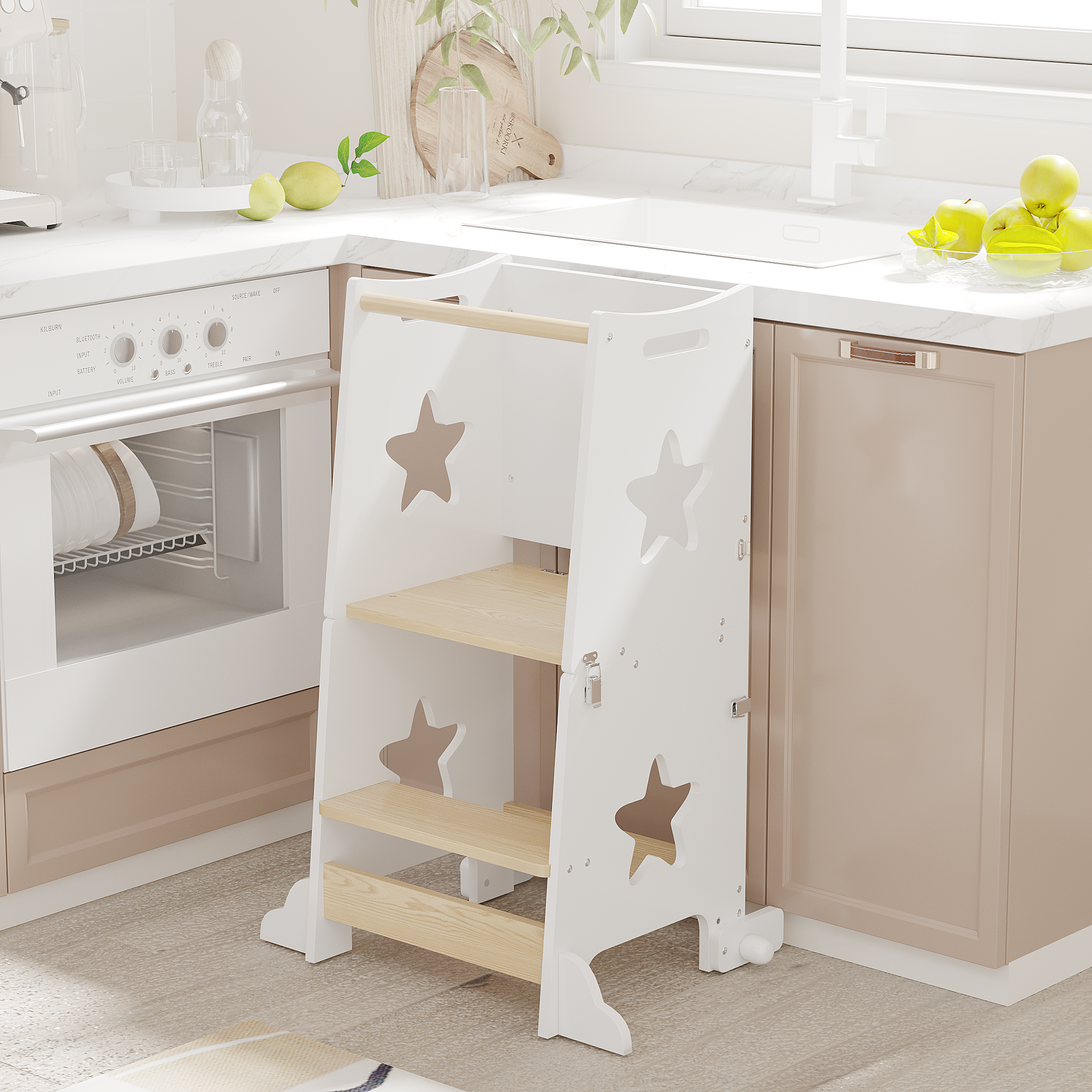 Stylish 3-in-1 Toddler Kitchen Step Stool, Foldable Learning Standing Tower with Blackboard, Wooden Kitchen Stool Helper for 
