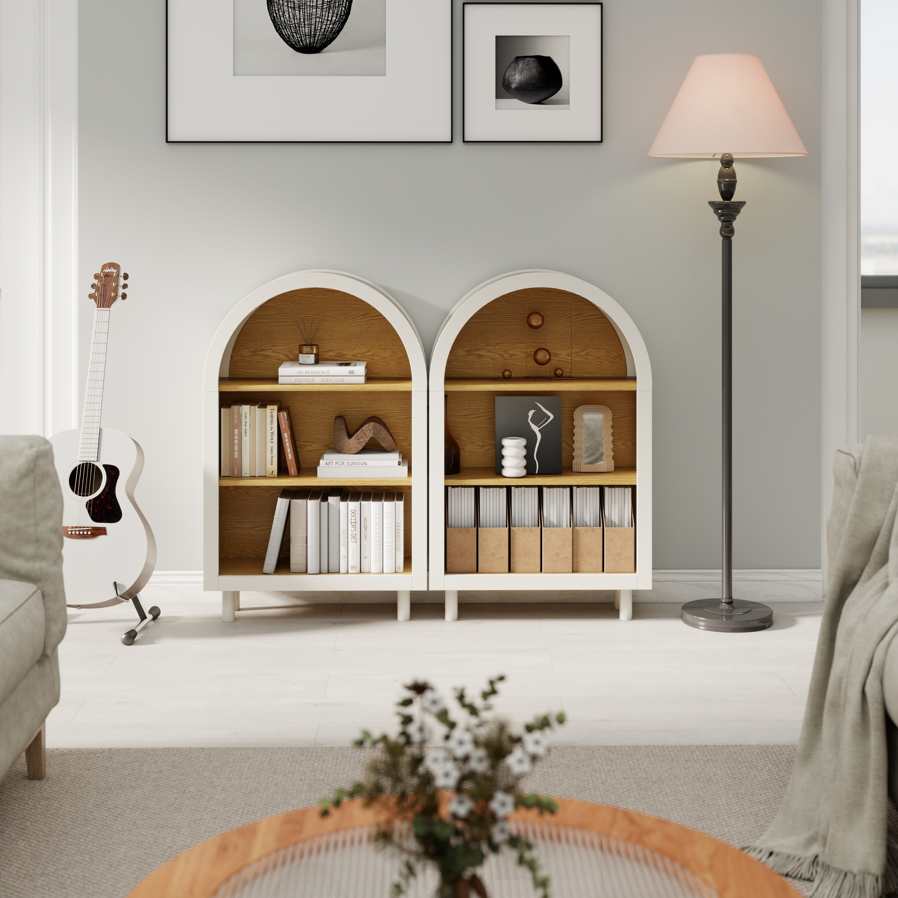Arched Small Bookcase,Arched Storage Cabinet,Wooden Modern Arched Top Bookshelf with 3 Shelves,White with Woodgrain Shelves, 3-Tier Storage Shelf for Living Room, Bedroom, Entryway - Grand Goldman Shop