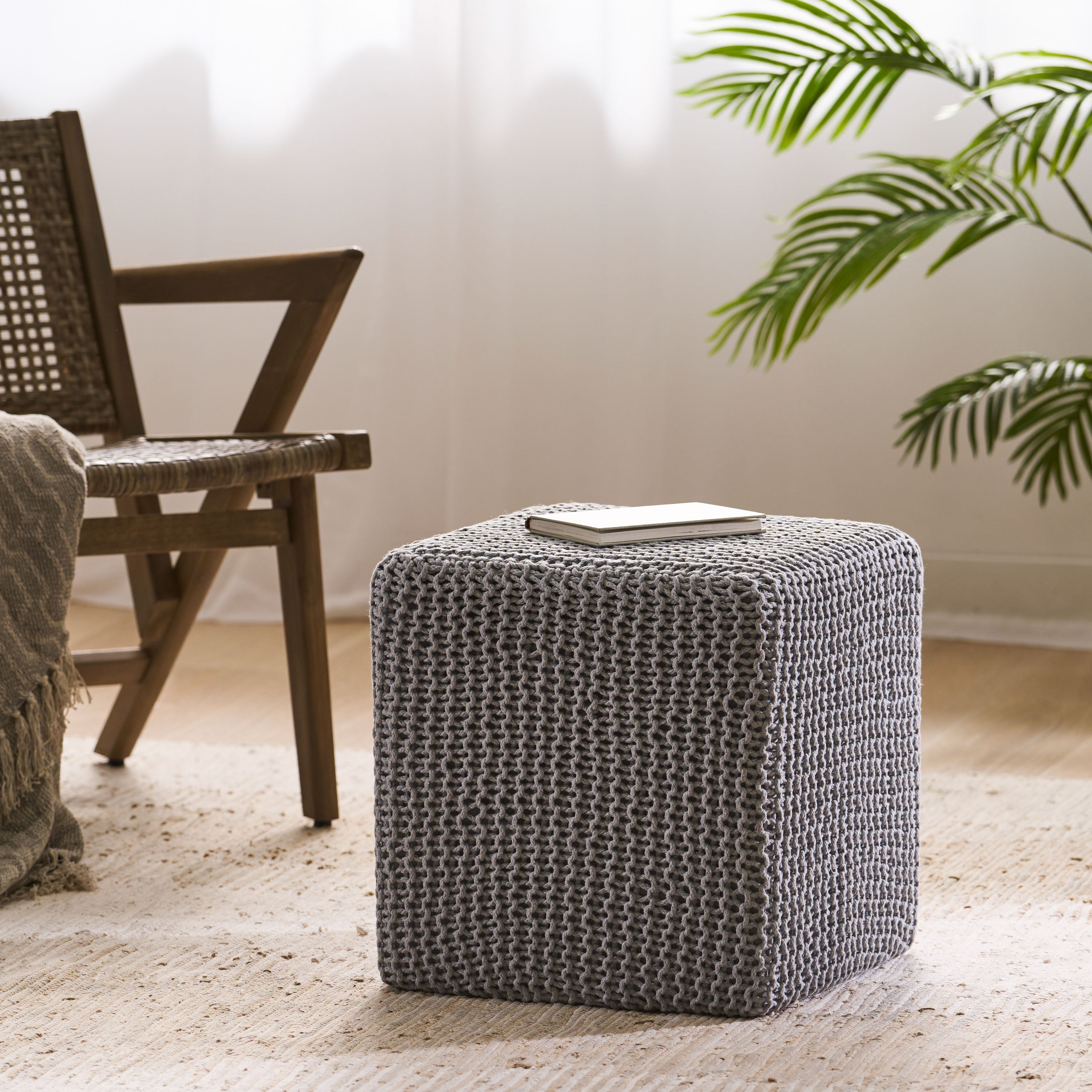Chabani Indoor Modern Knitted Fabric Cube Pouf Ottoman - Grand Goldman Shop