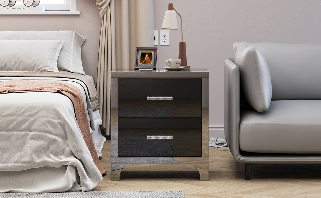 High Gloss Mirrored Nightstand with 2 Drawers,Modern End Table with Drawers,Mirrored High Gloss Wood Nightstand Metal Handle Bedside End Table for Bedroom, Dorm,Living Room,Black - Grand Goldman Shop