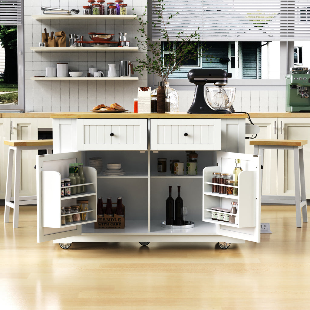 48 inch Kitchen Island with Drop Leaf,Power Outlet,Internal Storage Rack,Rolling Kitchen Storage Cart on 5 Wheels with 5 Open Side Racks for Kitchen,White (Old SKU N707P257057W)(Not Include Stools) - Grand Goldman Shop