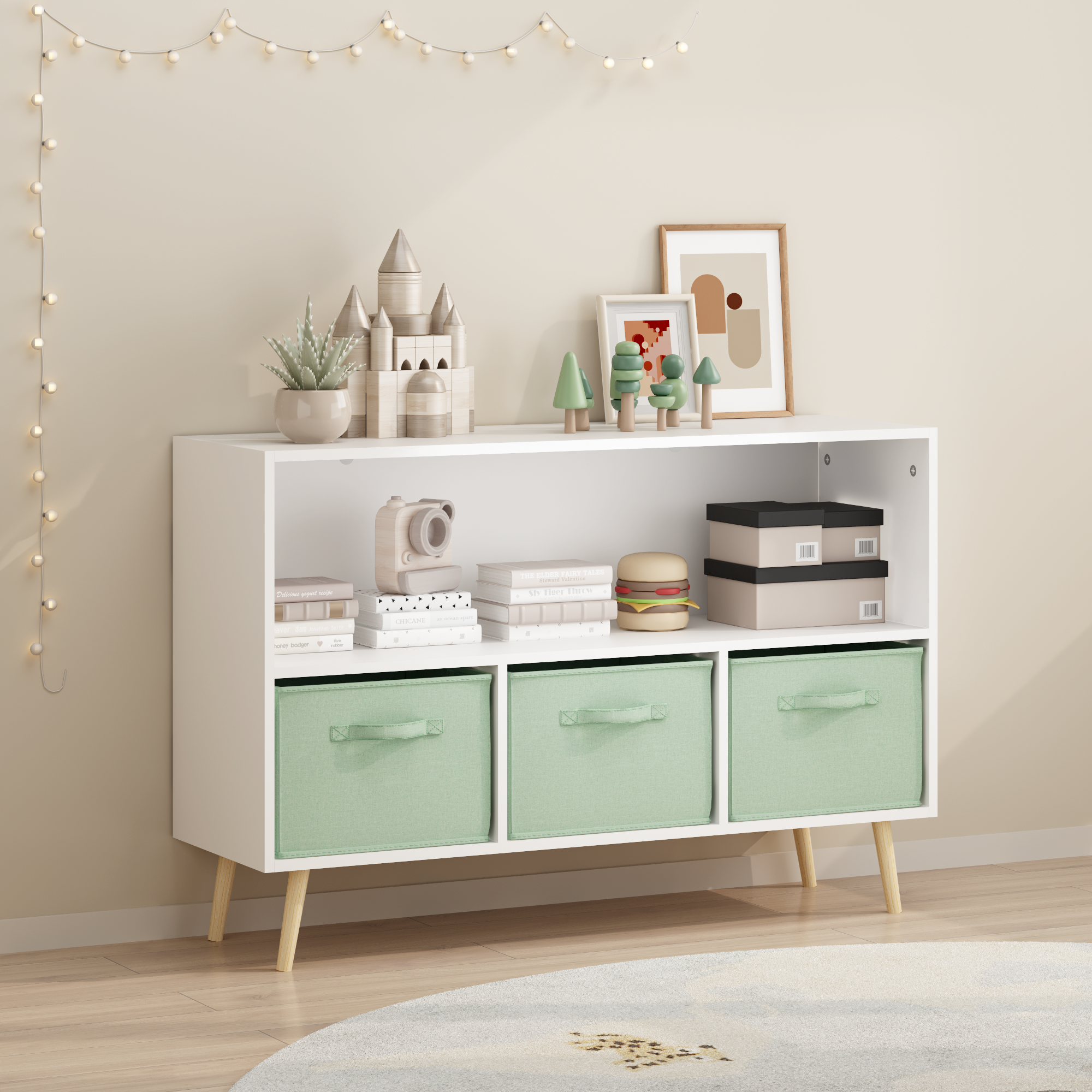 Kids bookcase with Collapsible Fabric Drawers, Children's Book Display, Toy Storage Cabinet Organizer, White/Green - Grand Go