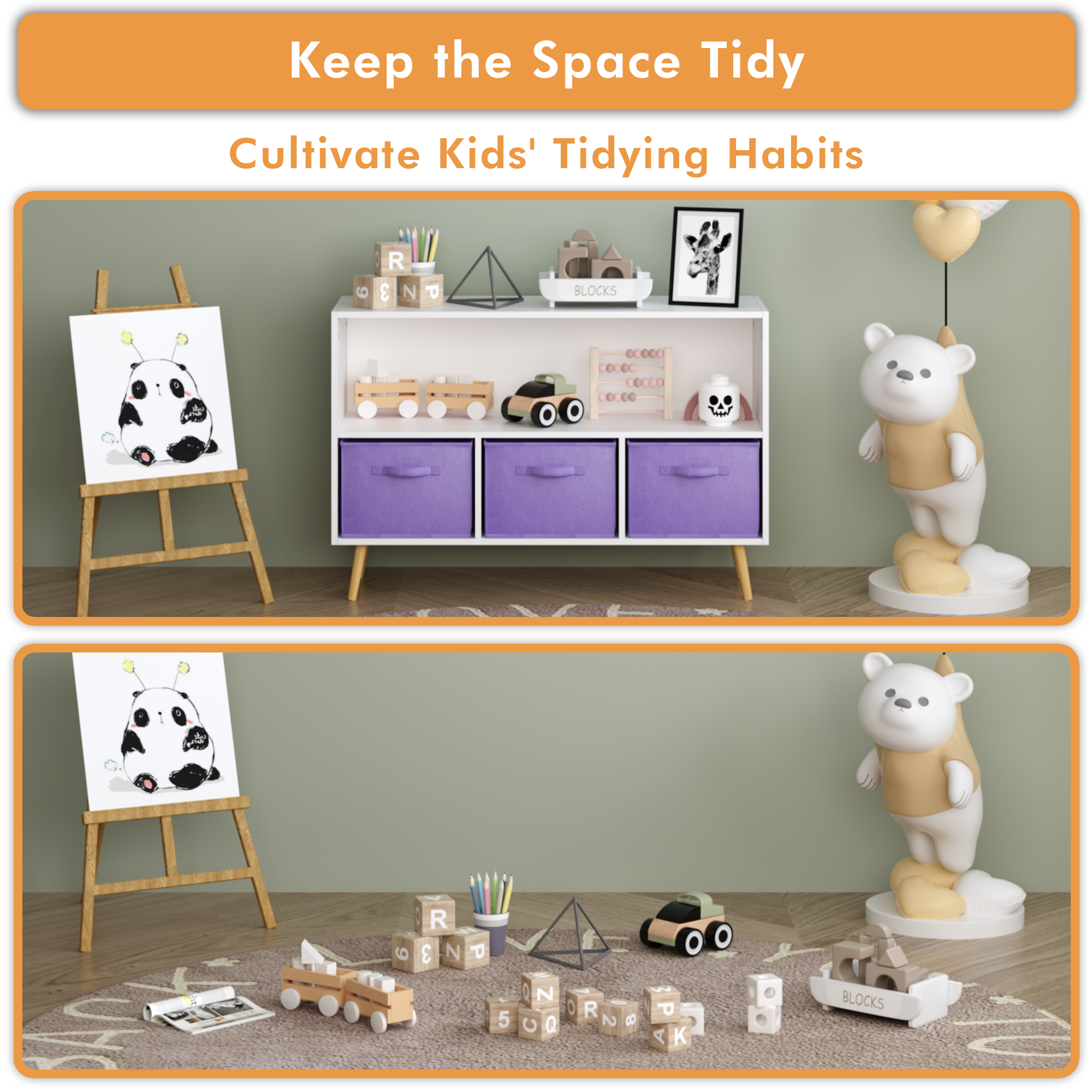 Kids Bookcase with Collapsible Fabric Drawers, Children's Book Display Organizer in White and Purple, MDF with Pine Legs - Gr