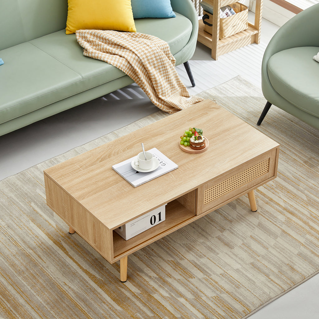 41.34' Rattan Coffee Table, Sliding Door for Storage, Solid Wood Legs, Modern Table for Living Room-Natural - Grand Goldman Shop