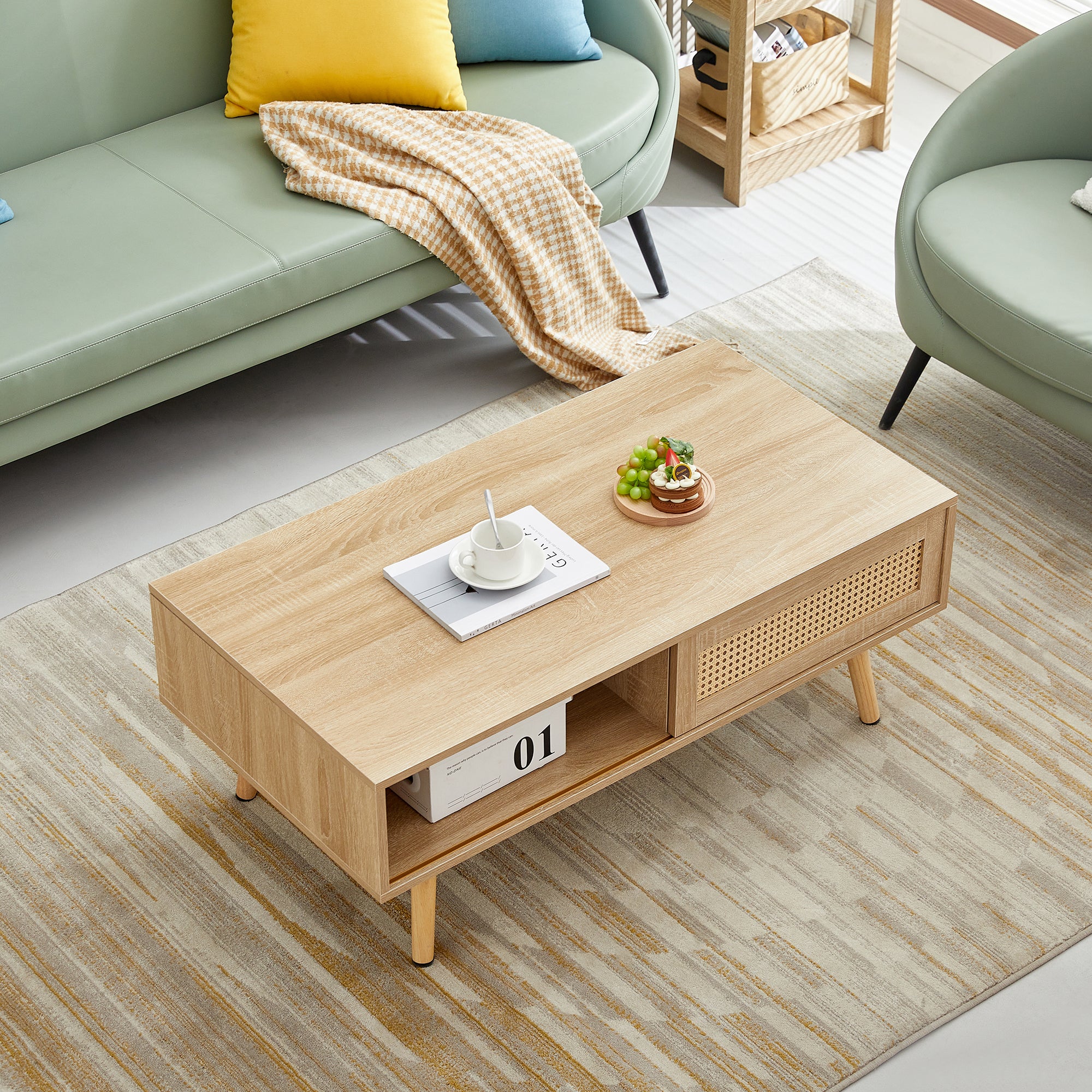 41.34' Rattan Coffee Table, Sliding Door for Storage, Solid Wood Legs, Modern Table for Living Room-Natural - Grand Goldman Shop