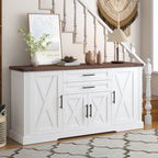 White Farmhouse Barn Door Storage Cabinet with 2 Drawers & Door Rack, Adjustable Shelves, MDF Construction, 63.11' L x 15.75' W x 32.09' H - Grand Goldman Shop