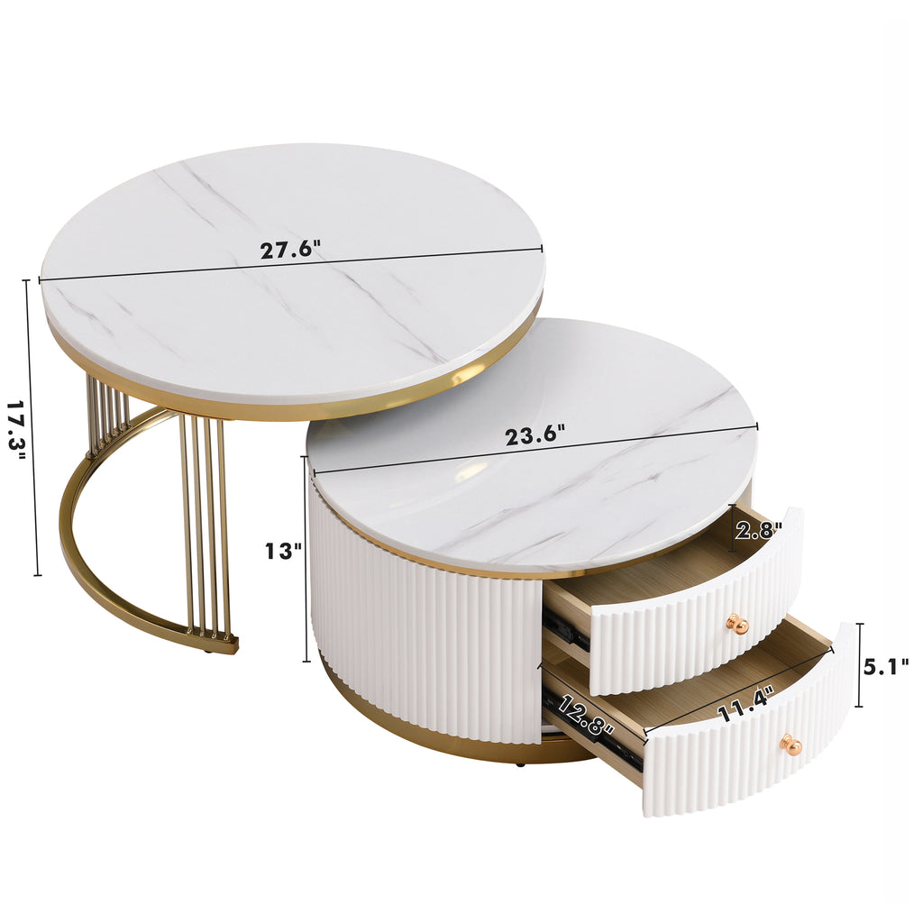 Modern 2 Pieces White Round Nesting  Coffee Table with Drawers in 27.6'' - Grand Goldman Shop