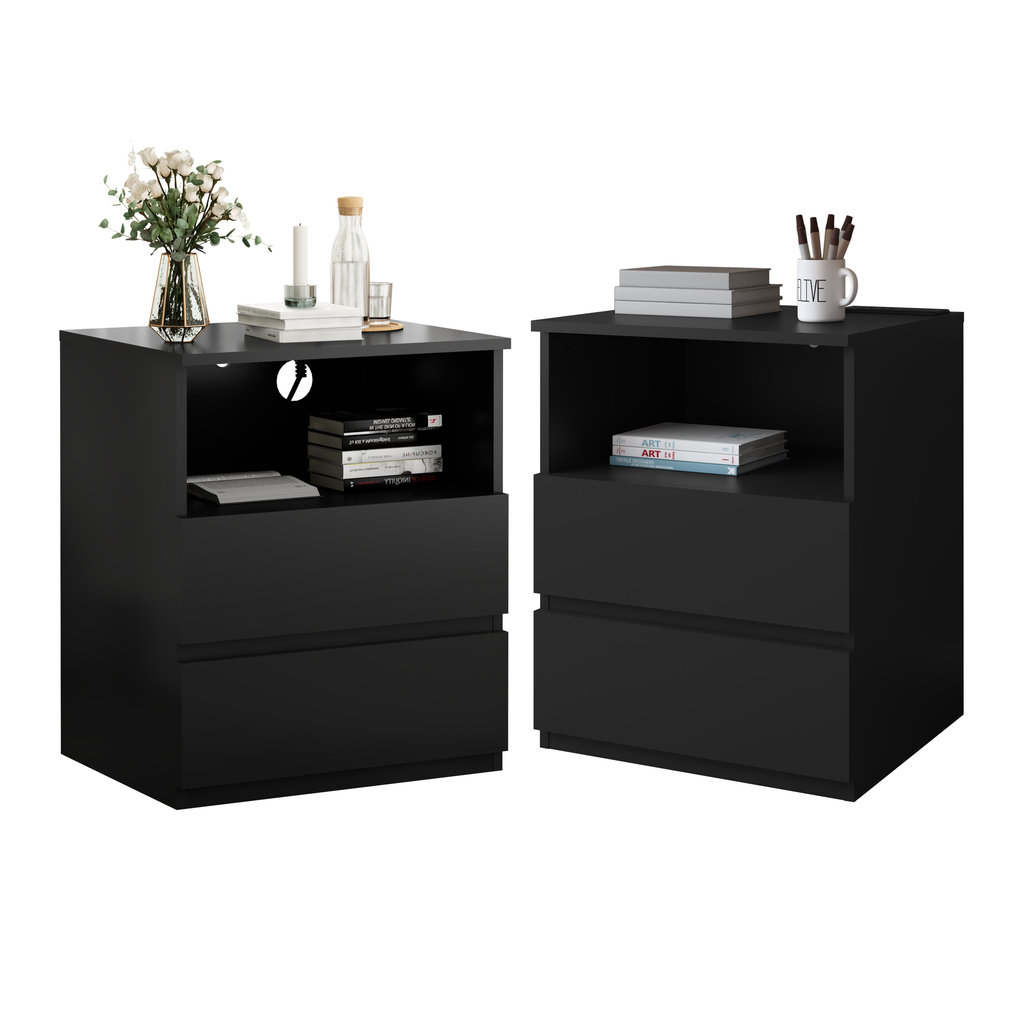 (Set of 2)End Table with Fast USB C Charging Station, Sofa Side Table with 2 Drawers, Large Storage Modern Wood Storage Cabinet for Living Room,Bedroom,Office, Black - Grand Goldman Shop