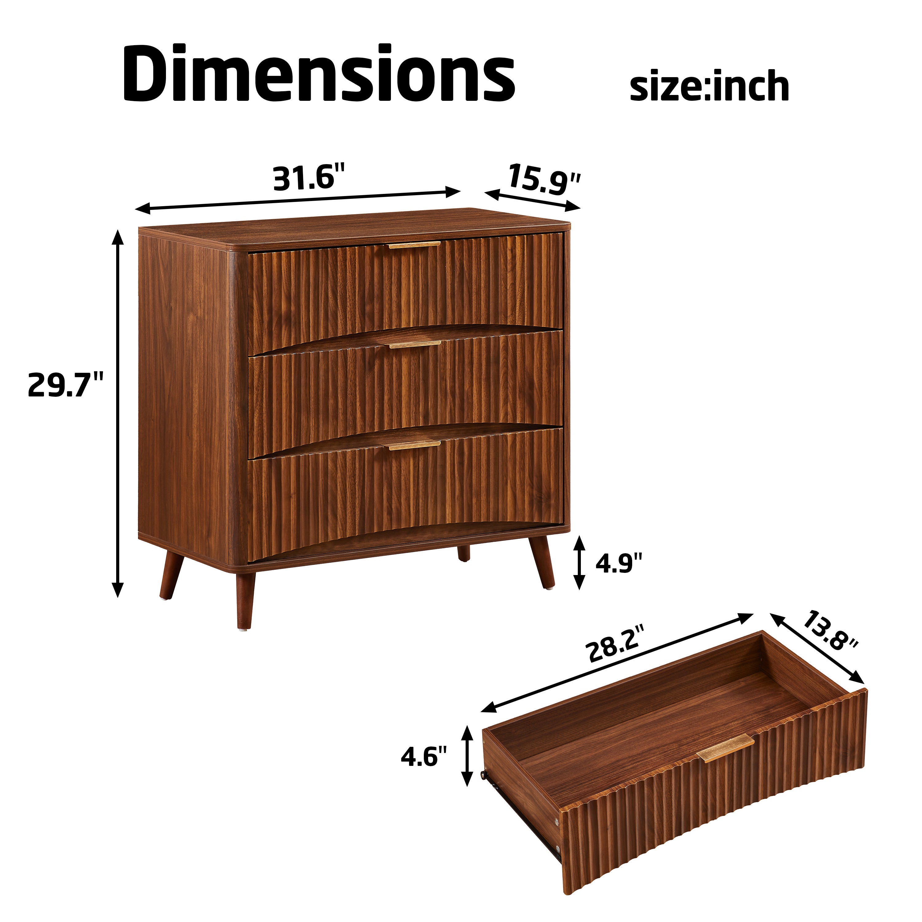 Fluted 3 Drawer Dresser Set of 2, Mid-Century Modern Tall Chest of Drawers with Vertical Grooved Design, Solid Wood Storage Cabinet with Metal Handles for Bedroom Living Room, Walnut - Grand Goldman Shop