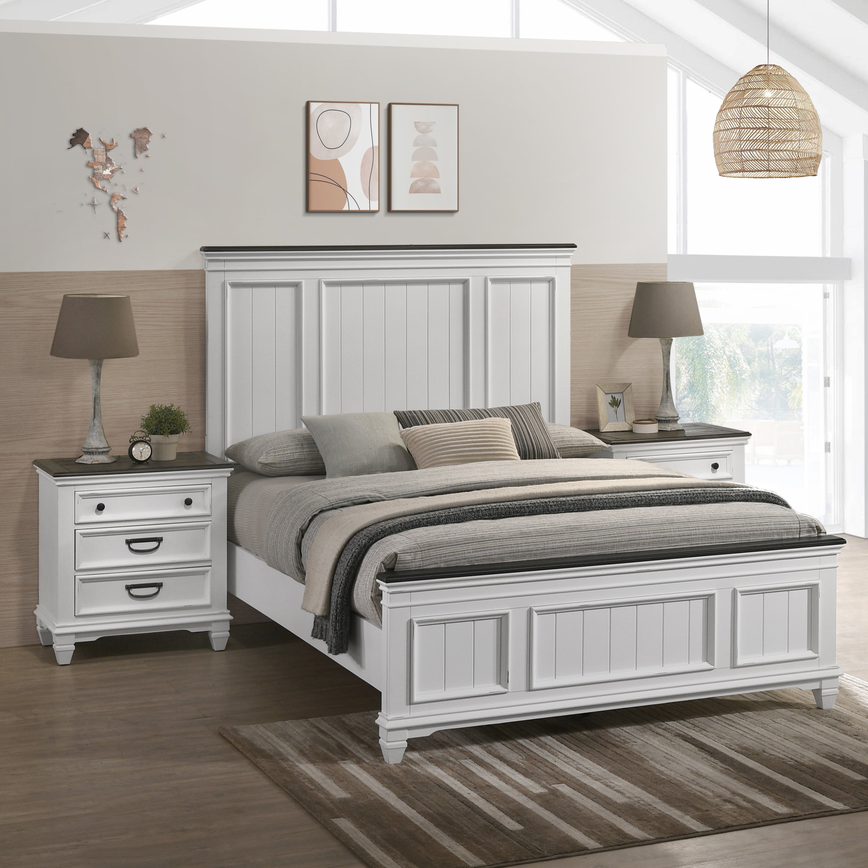 Clelane 3-Piece Wood Bedroom Set, Shiplap Panel Queen Bed and 2 Nightstand - Grand Goldman Shop