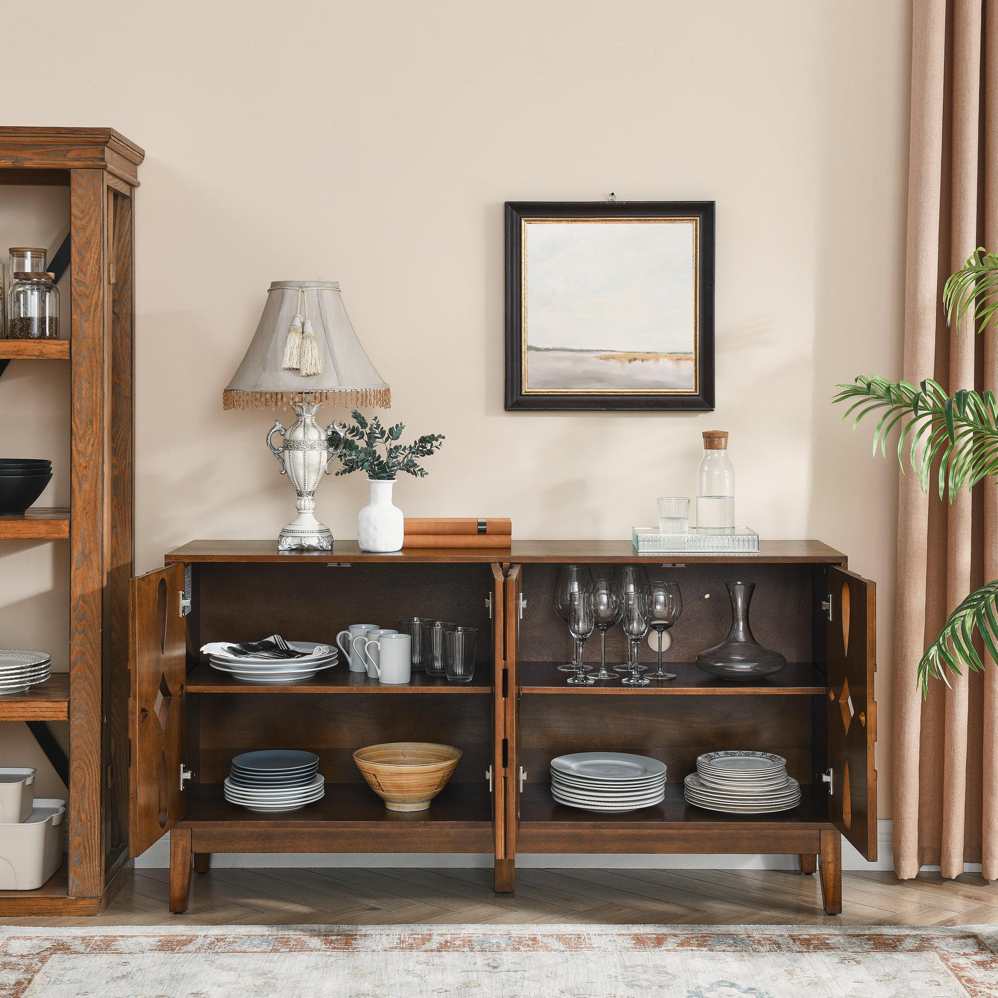 60.5' Mid Century Modern Sideboard Buffet Cabinet with Storage, TV Media Console Table, Storage Cabinet with 4 Doors & Adjustable Shelves for Kitchen Dining Living Room Entryway, Walnut - Grand Goldman Shop
