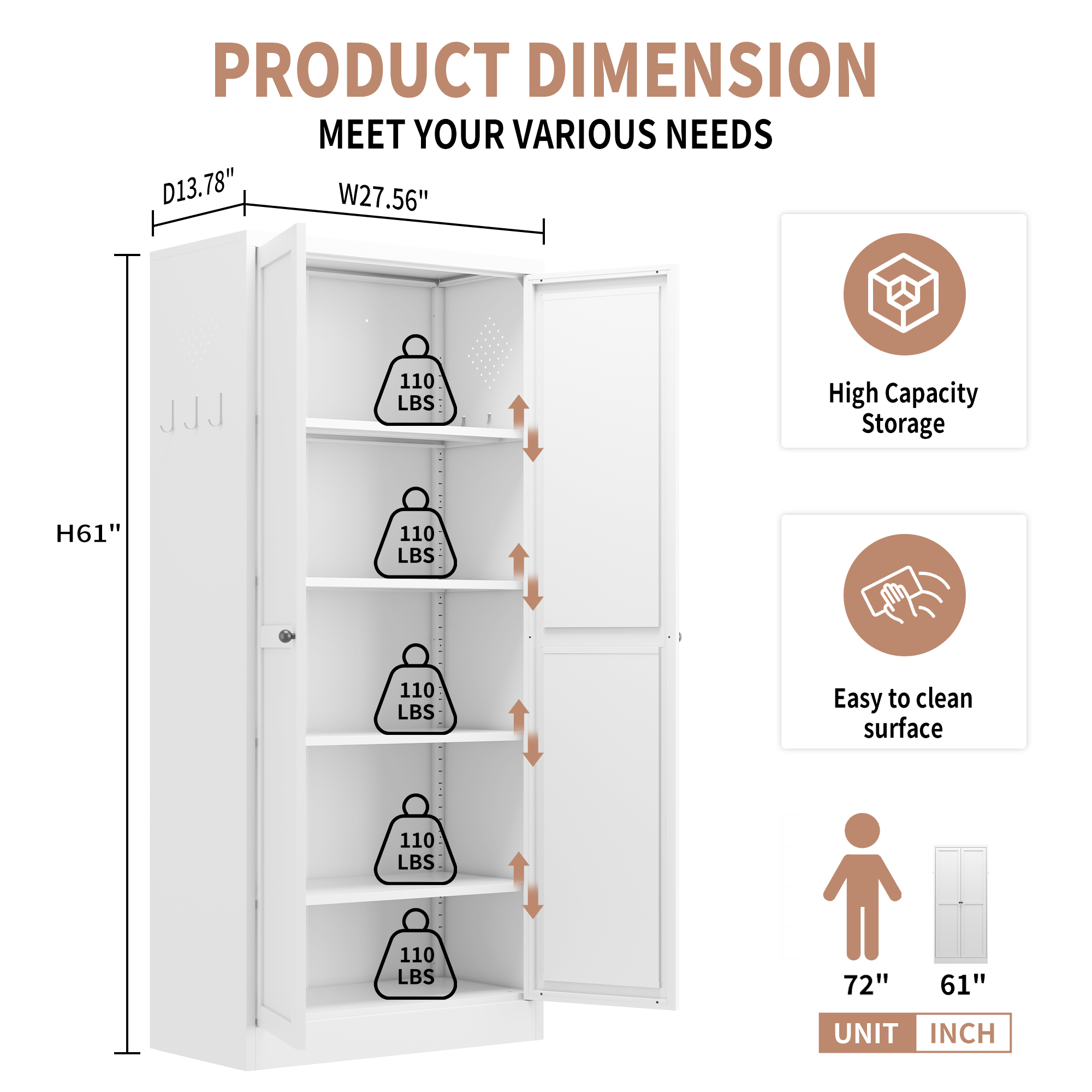 61' White Metal Kitchen Pantry Cabinet with Adjustable Storage and 4 Heavy Duty Shelves - Grand Goldman Shop