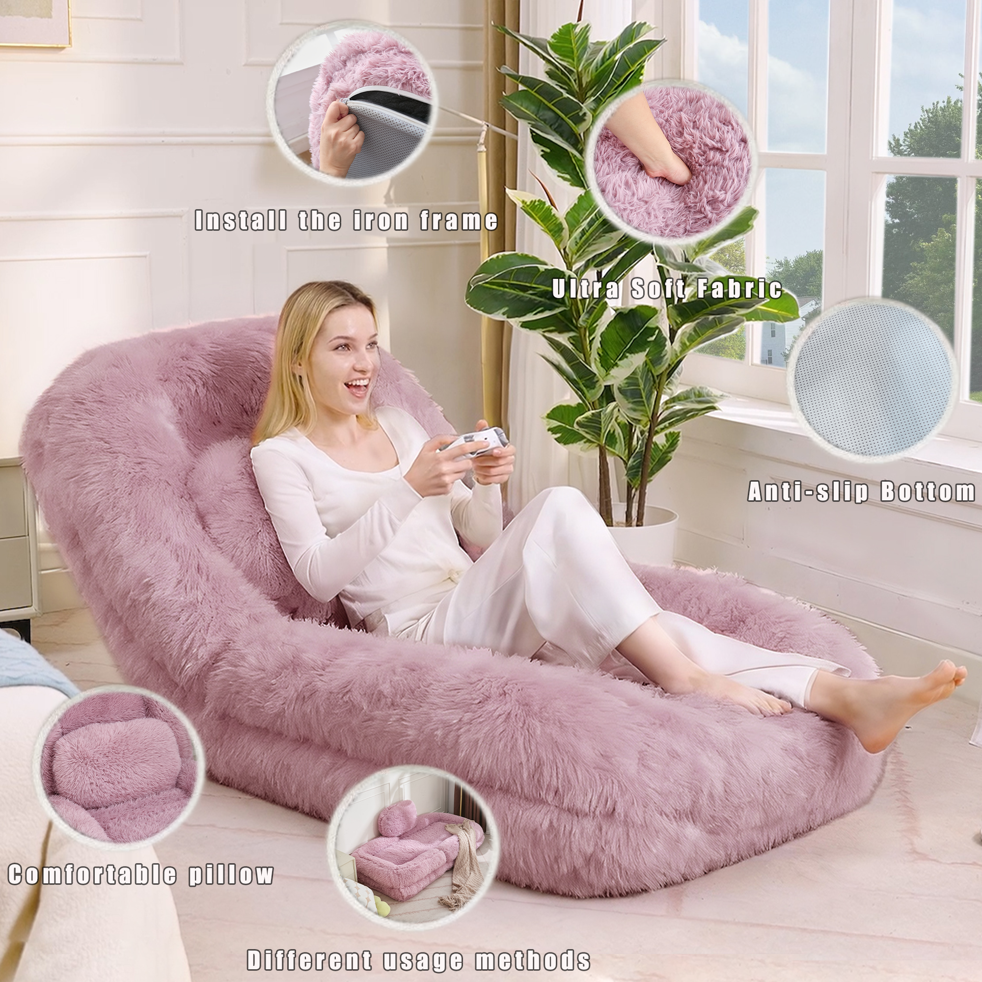 [NEW ARRIVED] [VIDEO PROVIDED] Human Dog Bed,Lazy Sofa,5-Position Adjustable Convertible,Floor Gaming Chair,bedroom, living room,Suitable for gaming, meditation,relaxation,Plush Fabric,Pink - Grand Goldman Shop