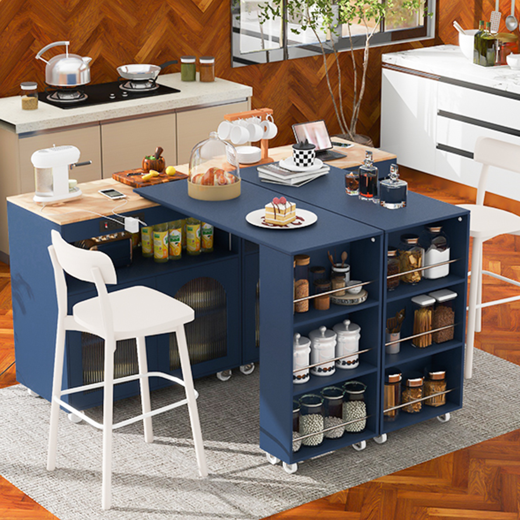 K&K Rolling Kitchen Island With Extended Table, Kitchen Island on Wheels with LED Lights,Power Outlets and 2 Fluted Glass Doors, Kitchen Island with a Storage Compartment and Side 3 Open Shelves, Navy - Grand Goldman Shop