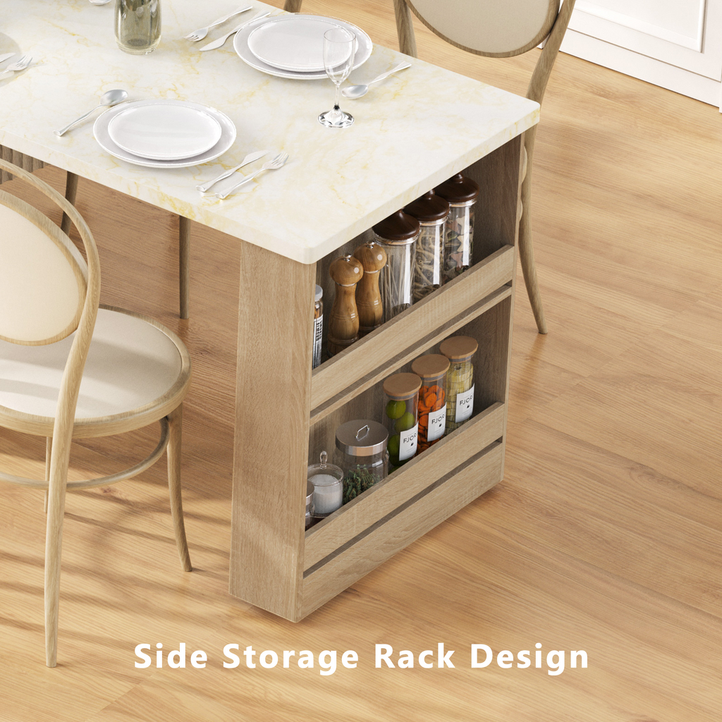 K&K 82.6' Fluted Kitchen Island with Extendable Dining Table for 4-6, Island Table for Kitchen with Power Outlet, Kitchen Table with Double-Side Storage, 2 Drawers 2 Side Open Shelves, Natural - Grand Goldman Shop