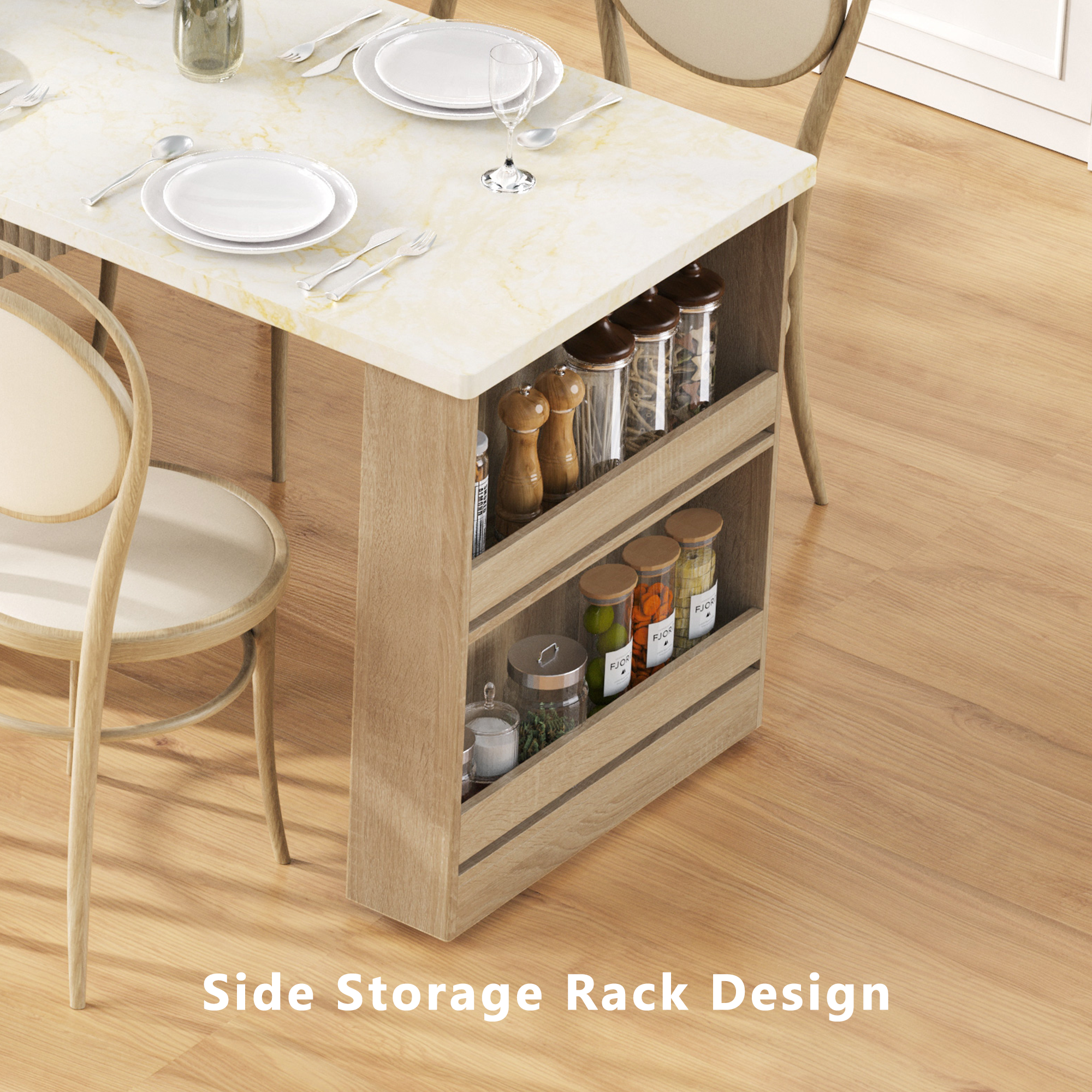 K&K 82.6' Fluted Kitchen Island with Extendable Dining Table for 4-6, Island Table for Kitchen with Power Outlet, Kitchen Table with Double-Side Storage, 2 Drawers 2 Side Open Shelves, Natural - Grand Goldman Shop
