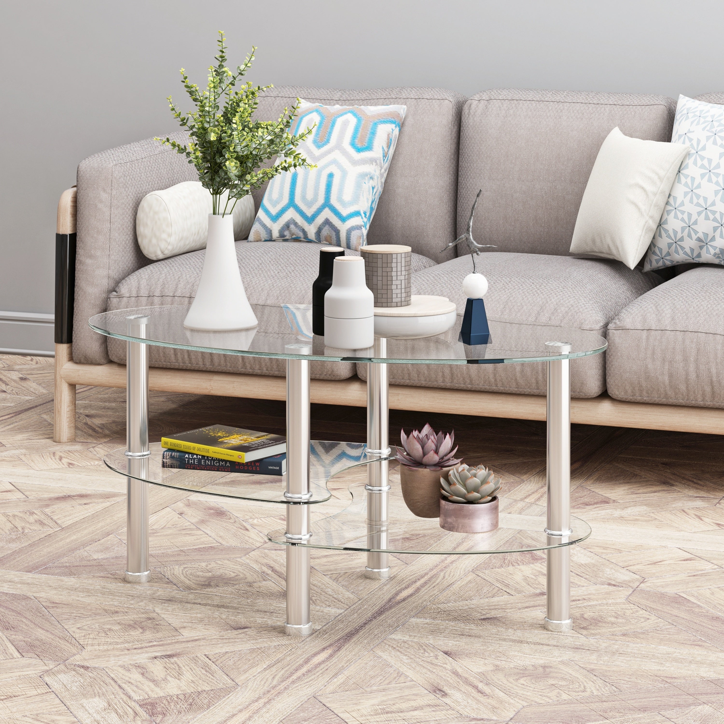 Modern Transparent Oval Glass Coffee Table with Stainless Steel Legs and 3-Layer Design for Living Room - Grand Goldman Shop