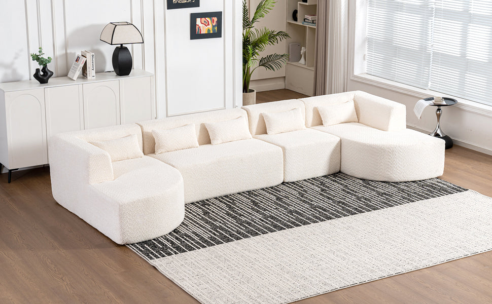 Modern Upholstered L-Shape Sofa with Chaise Lounge and Back Pillows, Beige Boucle Fabric, 144 inches - Grand Goldman Shop