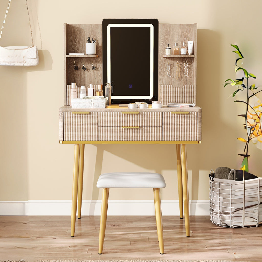 4-Drawer Vanity Desk with LED Mirror & Carved Details, Fluted Makeup Table with Metal Legs and PU Stool, Carved Dressing Table with Jewelry Storage for Bedroom - Grand Goldman Shop