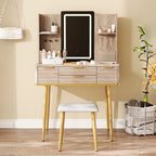 4-Drawer Vanity Desk with LED Mirror & Carved Details, Fluted Makeup Table with Metal Legs and PU Stool, Carved Dressing Table with Jewelry Storage for Bedroom - Grand Goldman Shop