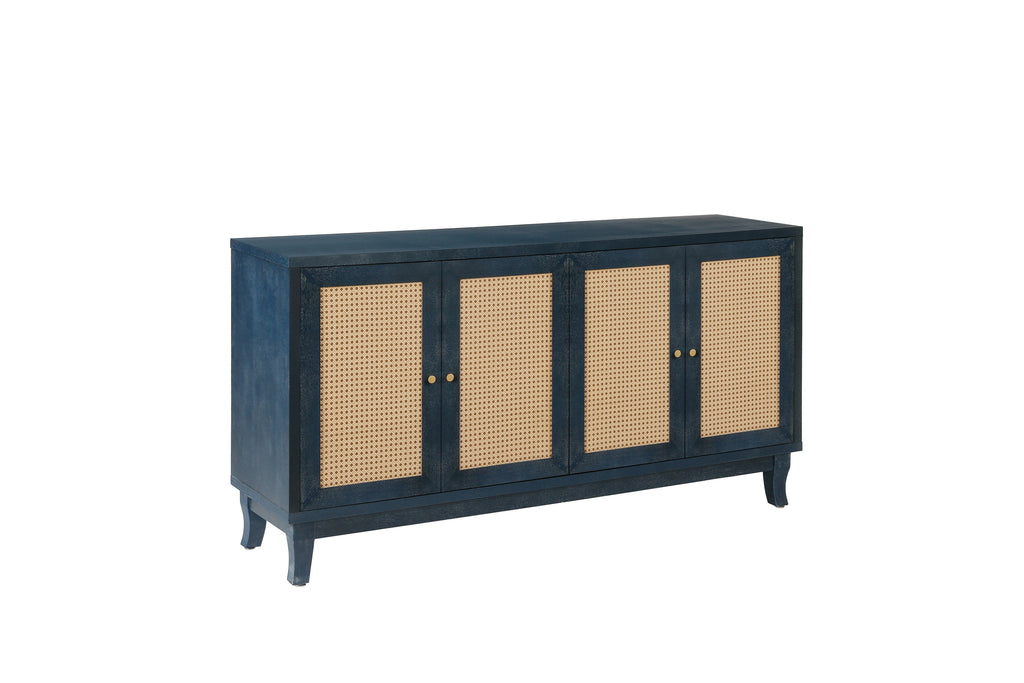 Handcrafted Premium Grain Panels,Rattan Sideboard Buffer Cabinet,Accent Storage Cabinet With 4 Rattan Doors, Modern Storage Cupboard Console Table with Adjustable Shelves for Living Room ,BLUE - Grand Goldman Shop