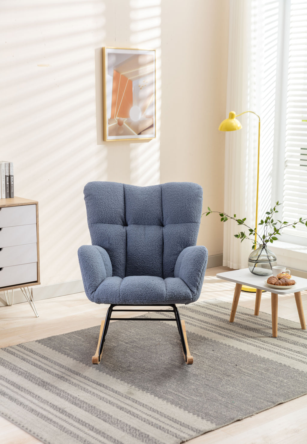 050-Teddy Fabric Rocking Gilder Nursery Chair For Living Room Indoor,Light Blue - Grand Goldman Shop