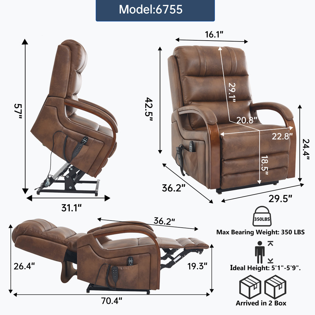 Power Brown Leatheraire Lift Recliner Chair Dual Motor Infinite Position Up to 350 LBS with Solid Wood Armrests, Heat Massage and Heavy Duty Motion Mechanism - Grand Goldman Shop