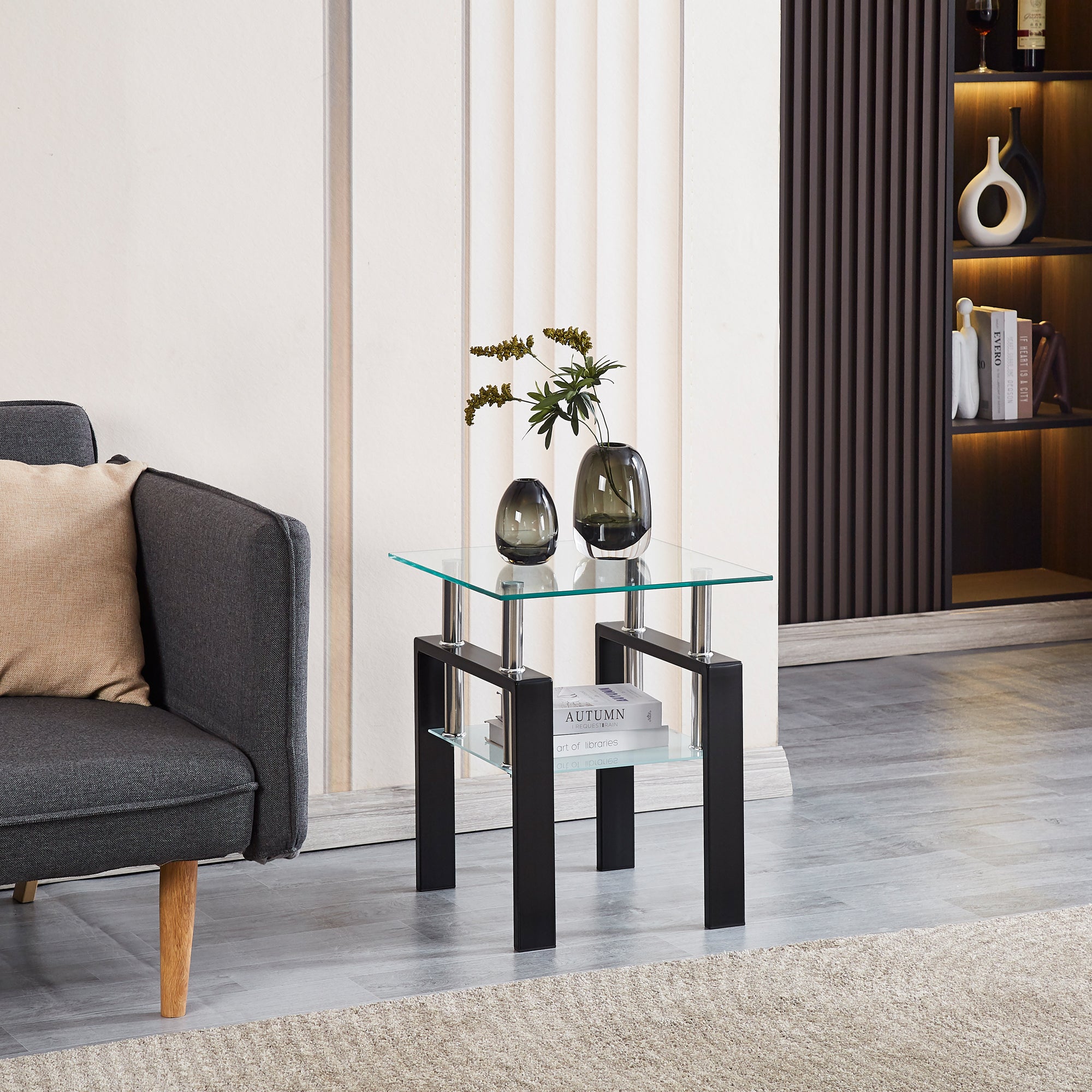 Modern 2-Piece Clear Tempered Glass Small Table, End Table for Living Room, Sleek Waterfall Design - Grand Goldman Shop