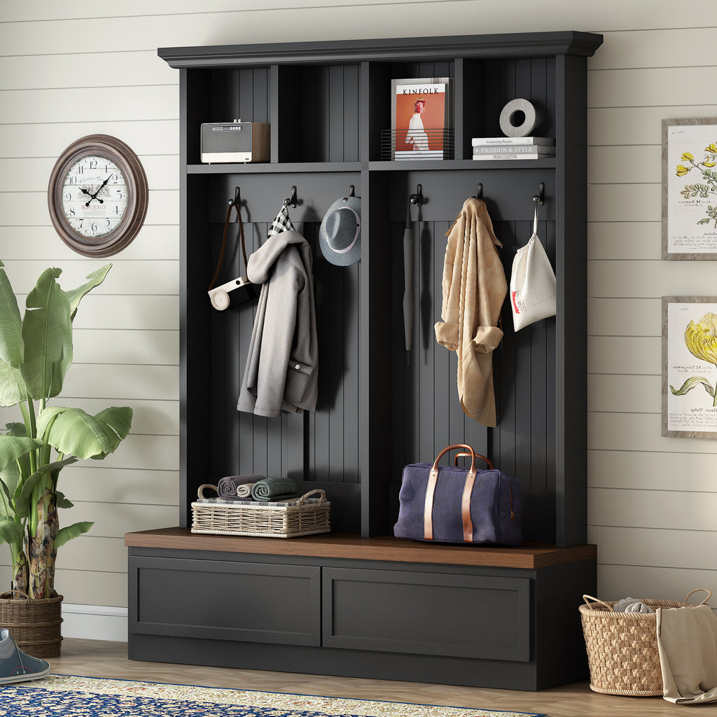 Farmhouse 4-in-1 Hall Tree with Wood Grain Bench, Mudroom Versatile Coat Rack with 2 Large Drawer, Entrance Organizer for Hallway, Living Room, Black, 55.9'W (OLD SKU: N721P313099B) - Grand Goldman Shop