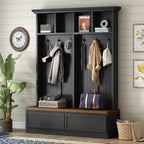 Farmhouse 4-in-1 Hall Tree with Wood Grain Bench, Mudroom Versatile Coat Rack with 2 Large Drawer, Entrance Organizer for Hallway, Living Room, Black, 55.9'W (OLD SKU: N721P313099B) - Grand Goldman Shop