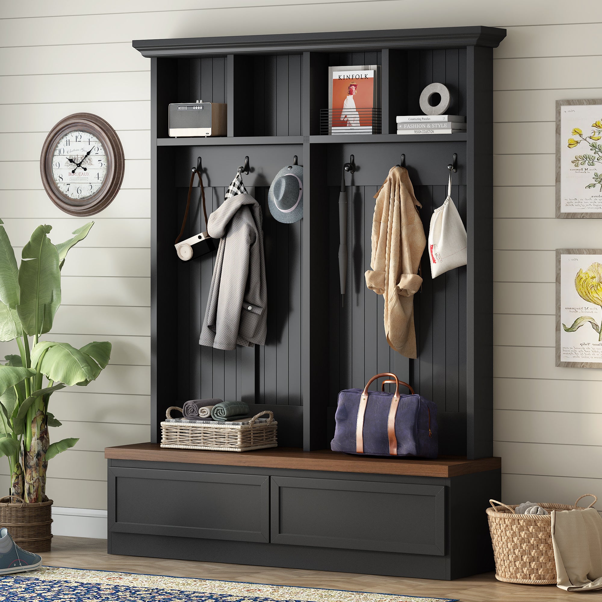 Farmhouse 4-in-1 Hall Tree with Wood Grain Bench, Mudroom Versatile Coat Rack with 2 Large Drawer, Entrance Organizer for Hallway, Living Room, Black, 55.9'W (OLD SKU: N721P313099B) - Grand Goldman Shop