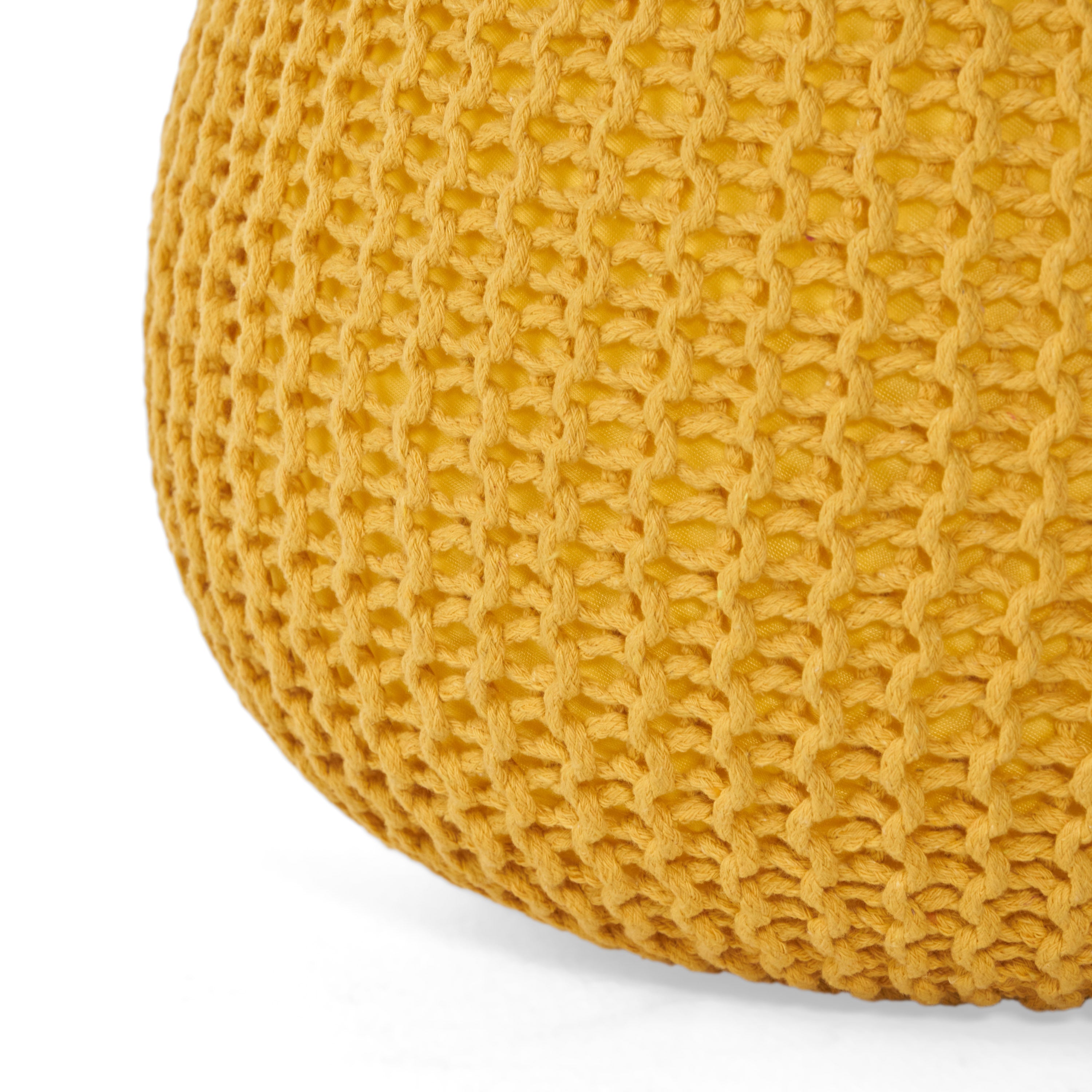 Bordeaux Knitted Cotton Round Pouf, Yellow, Versatile Ottoman and Floor Cushion - Grand Goldman Shop