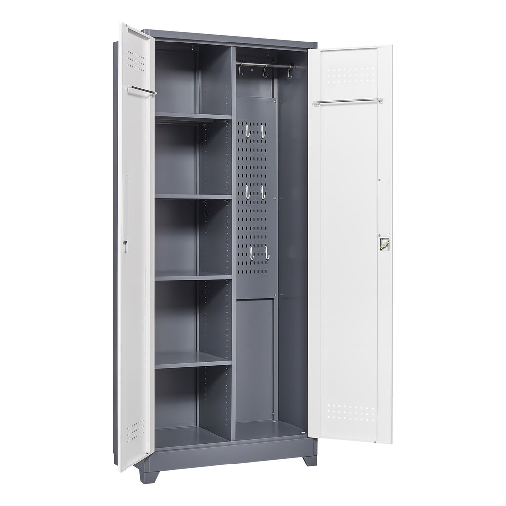 Gray Metal Lockers with Locking Doors, Adjustable Shelves, High Broom Tool Storage Cabinet, 72-Inch Kitchen, Office, Shop Org