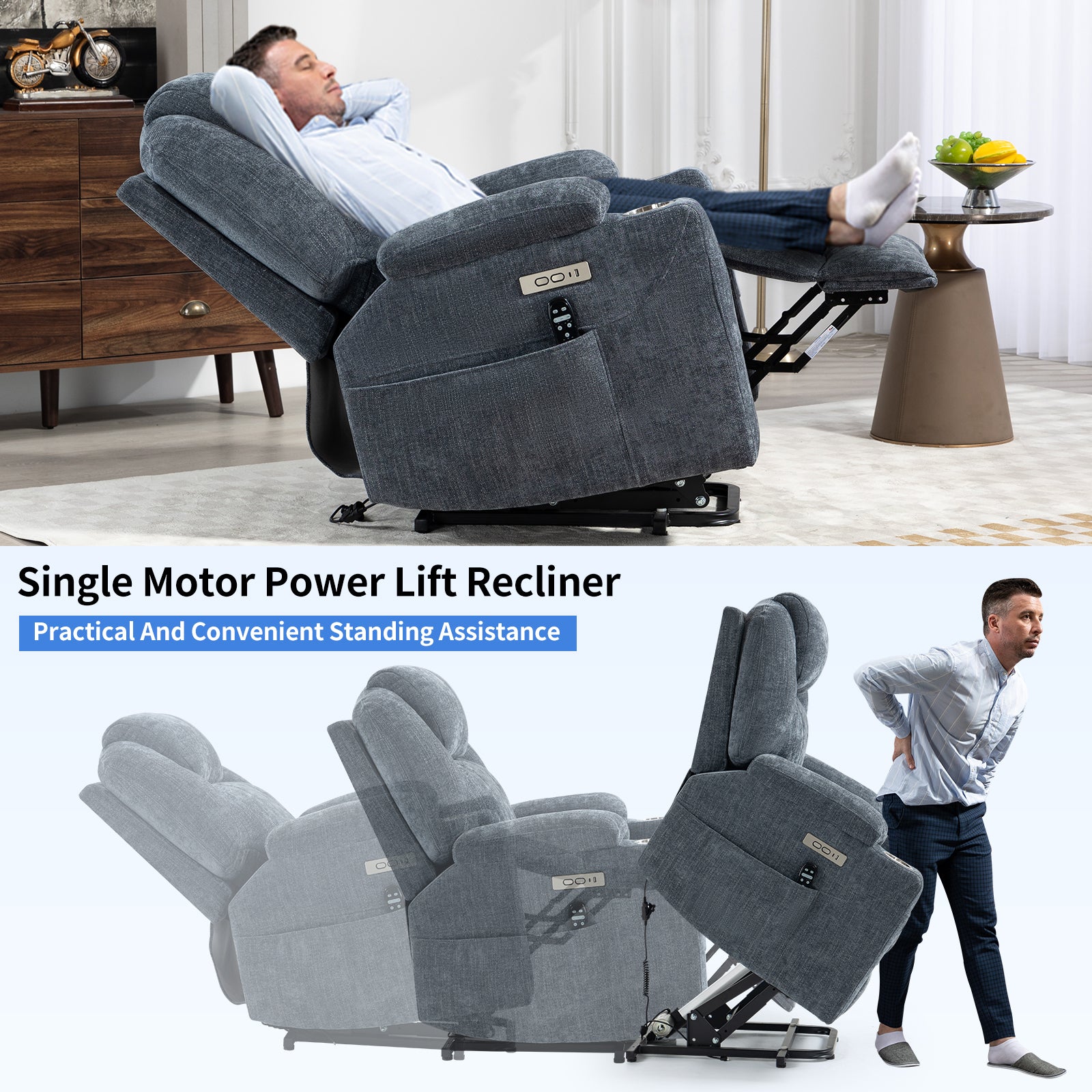 Up to 350 LBS Chenille Power Lift Recliner Chair, Heavy Duty Motion Mechanism with 8-Point Vibration Massage and Lumbar Heating, USB and Type-C Ports, Stainless Steel Cup Holders, Blue - Grand Goldman Shop